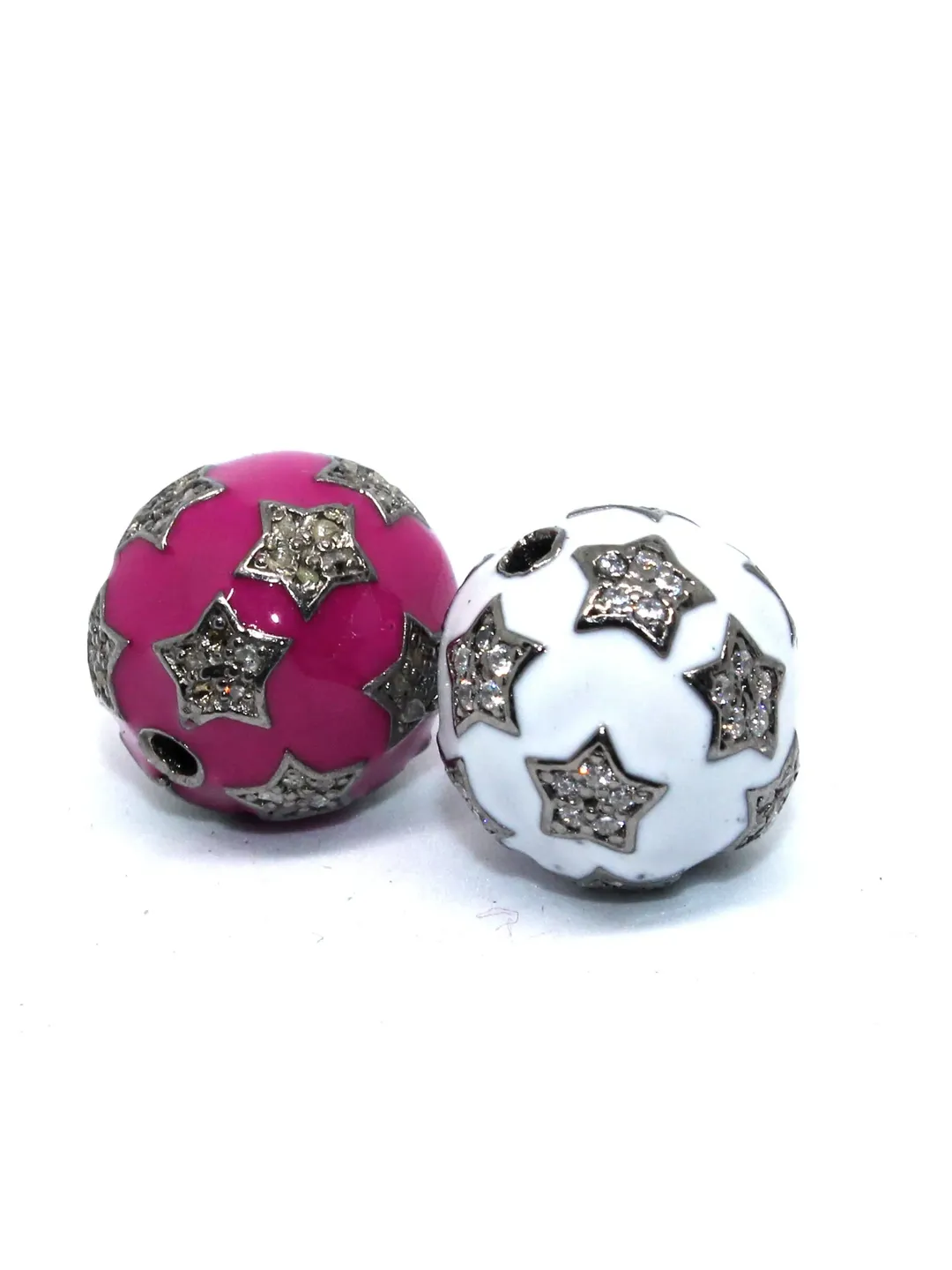 Natural Diamond Beads, Enamel Beads, Pave Diamond, 13MM Round Beads, 925 Sterling Silver Beads, Jewelry Beads, Shamballa Beads