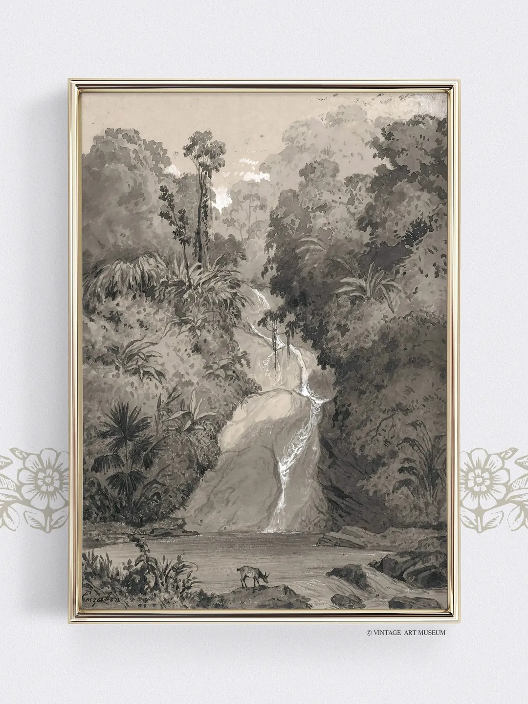 Waterfall Painting Jungle Art Print, Muted Landscape, Vintage Printable Wall Decor Download | 159