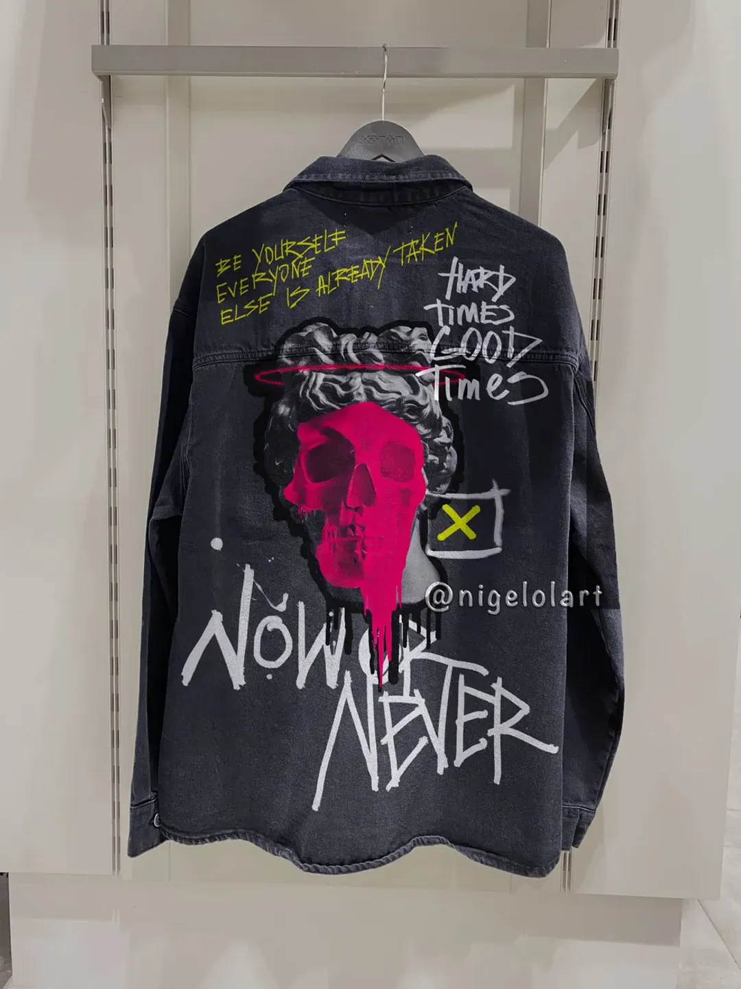 Inscripted Clothes Shirt Quotes Skull Lettering Painted denim Shirt hand painted denim ...