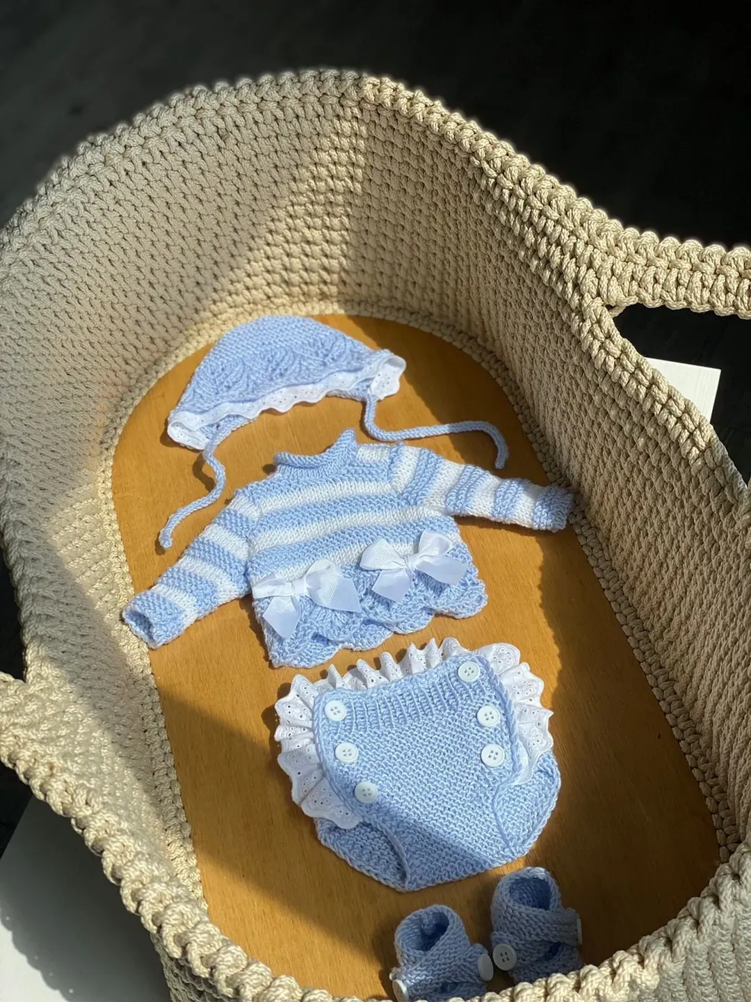 Knit outfit for baby boy. Knit sweater, hat, pants and shoes for boy. Take home outfit for boy. Baby shower gift for boy.