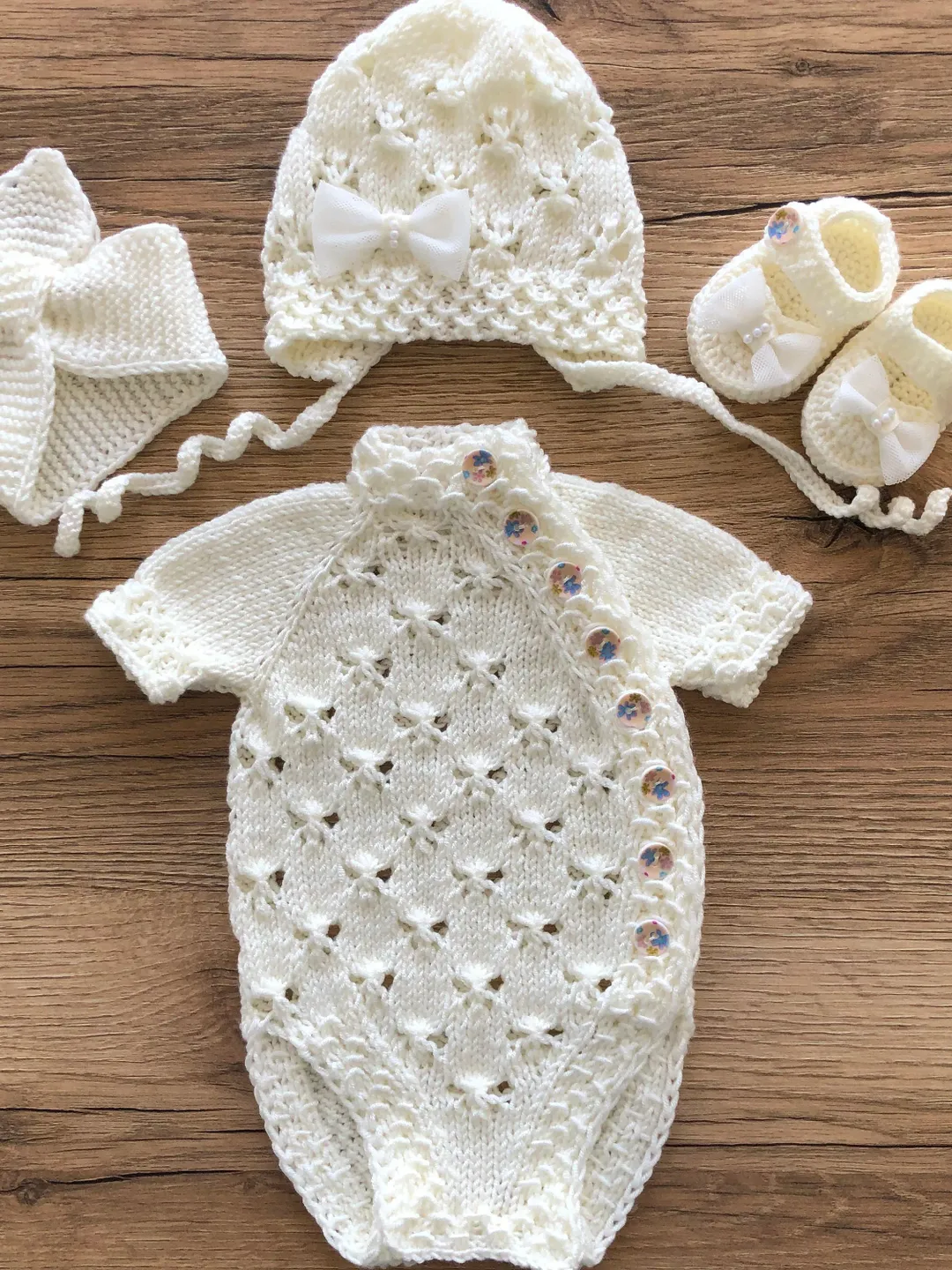 Ivory romper, headband, hat and booties. Photo props for baby girl. Take home outfit for girl.