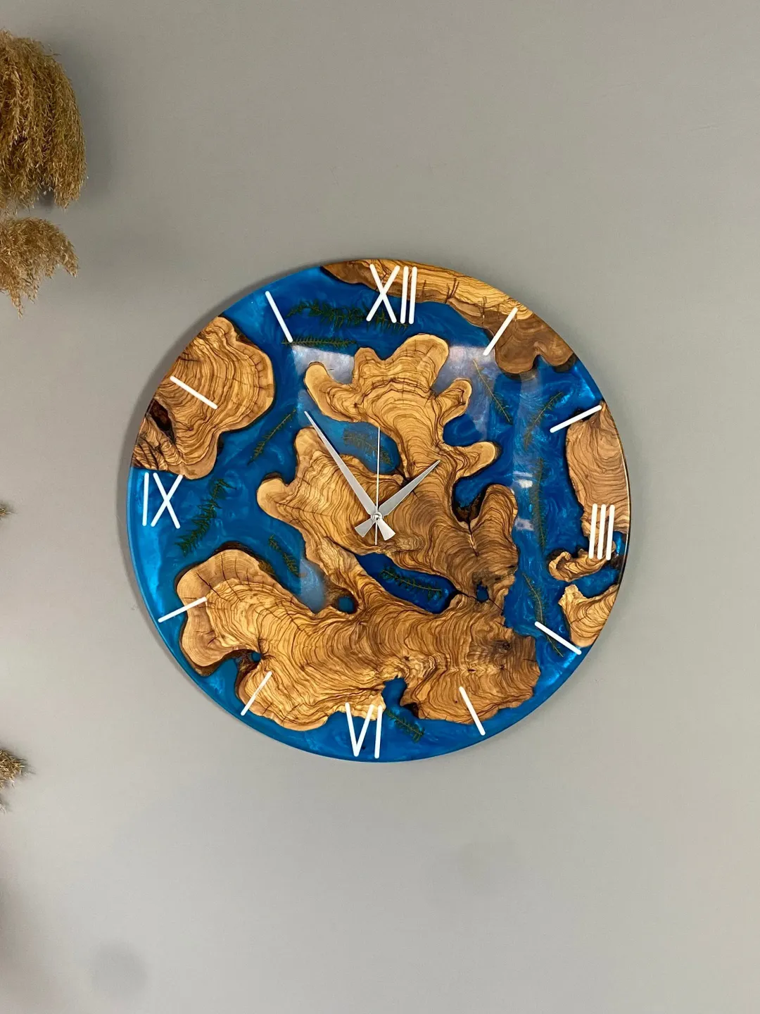 Blue Epoxy Olive Wood Wall Clock, Large Wood Wall Clock, Home gift, Resin Clock, Personalized Clock