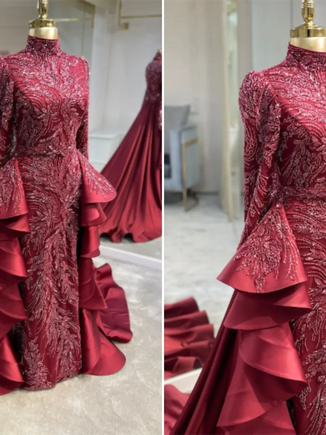 AHUNARE HIJAB - Çiçek Red Mermaid Tailed Embroidered  Wedding Dress, Muslim Evening Gown, Nikah, Islamic Wedding, Engagement, Bridesmaid,