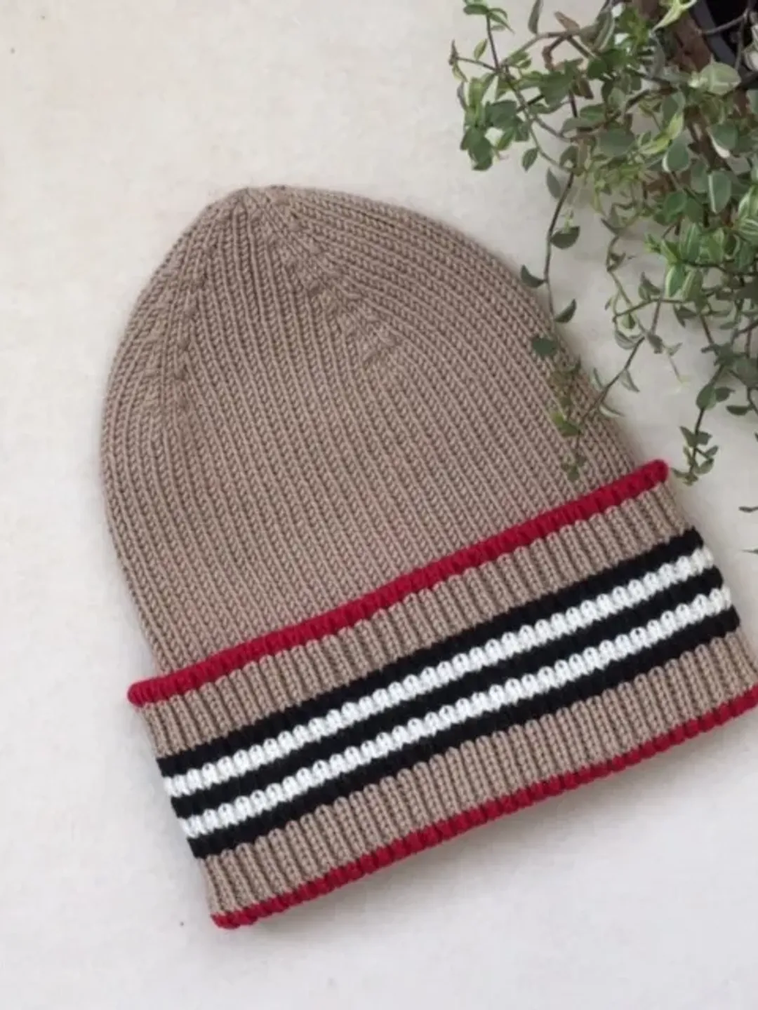 Beige women hat with lapel, Striped Wool Beanie for women, hat in the style of Burberry, hat for spring, warm hat gift