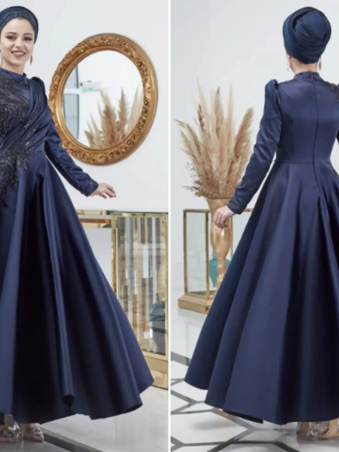 AHUNARE HIJAB - Asil  Navy Blue Satin Embroidered Wedding Dress, Muslim Evening Gown, Nikah, Islamic Wedding, Engagement, Bridesmaid,