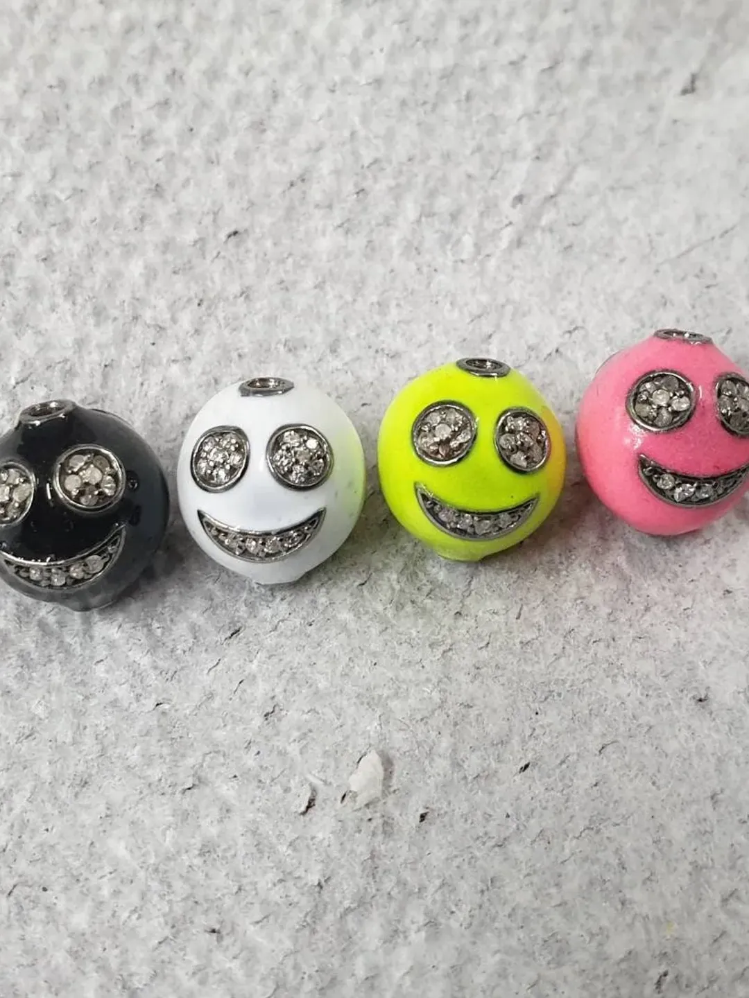 Pave Diamond Beads, Smiley Face Beads, Pave Enamel Beads, Pave Spacer Beads, Micro Pave Beads, 12MM Beads, 925 Sterling Silver Beads