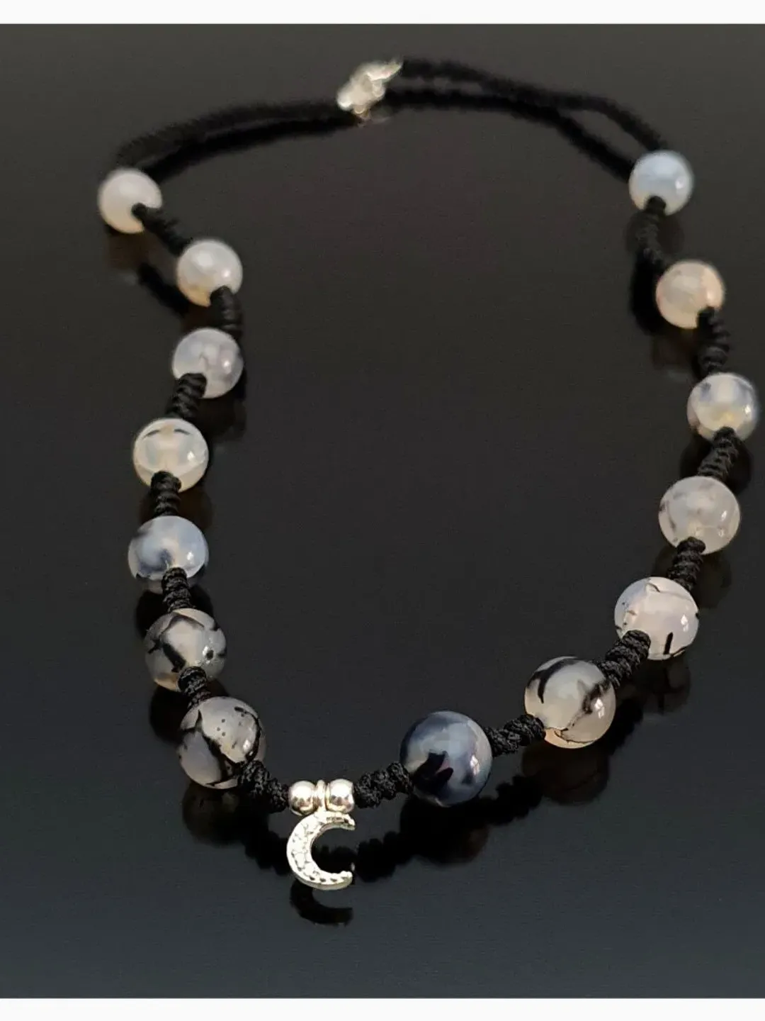 White Spider Agate Necklace, Silver New Moon Pendant, 925 Sterling Silver Accessory, Halloween Jewelry, Gifts for Women, Dragon Vein Agate