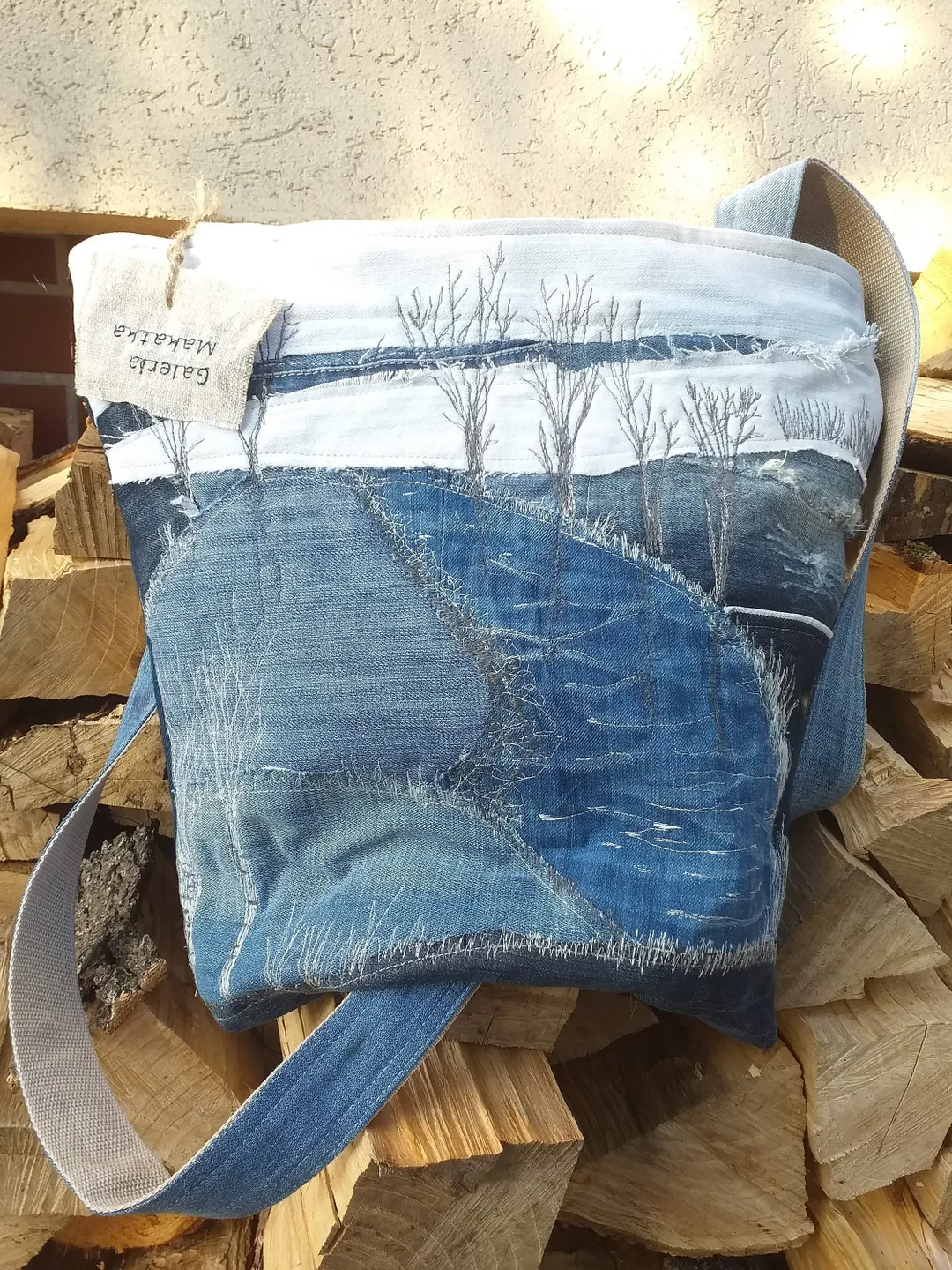 Blue denim ,jeans bag ,upcycling , Bag with winter landscape