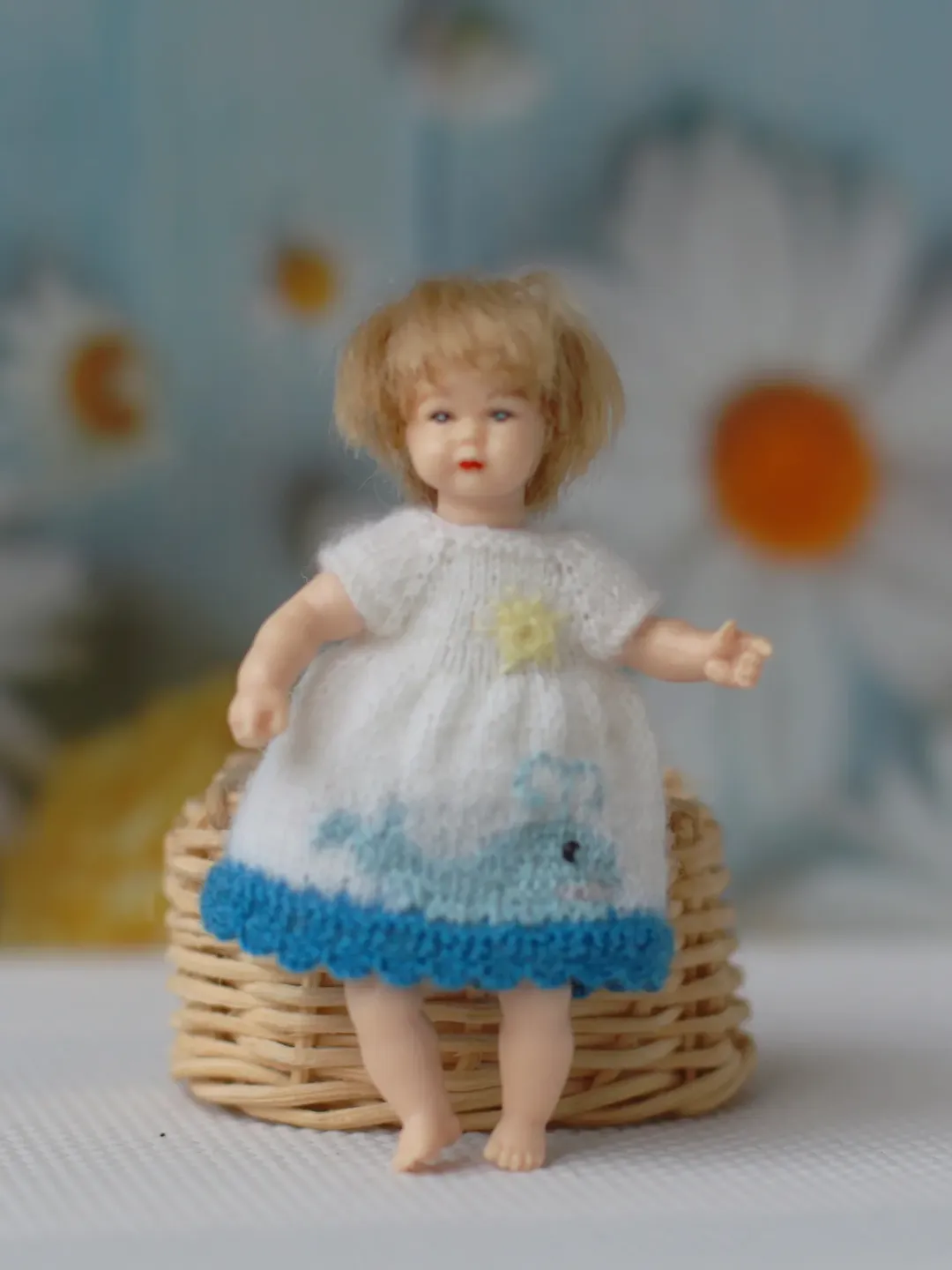 Miniature hand knit dress for a Heidi Ott Toddler doll. Dress for a doll 2, 75 inches tall. Creativhook miniature