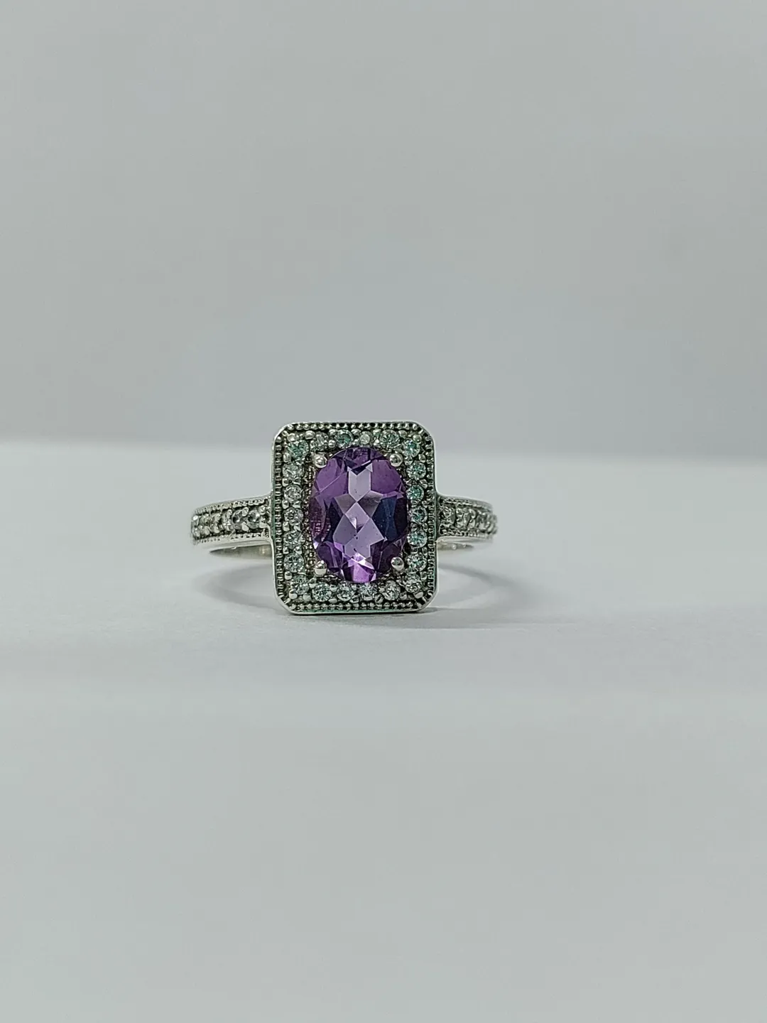 Natural Amethyst Ring, Engagement Ring, Pave CZ Ring, 925 Sterling Silver Ring, Purple Amethyst Wedding Ring, Bridal Jewelry, Oval Cut Ring