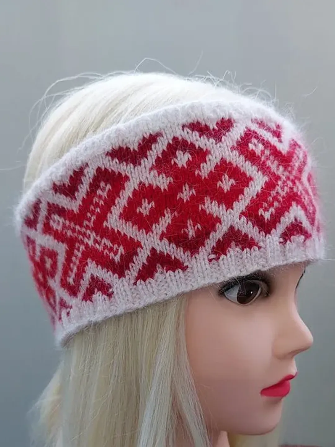 Women's knitted headband red with jacquard pattern