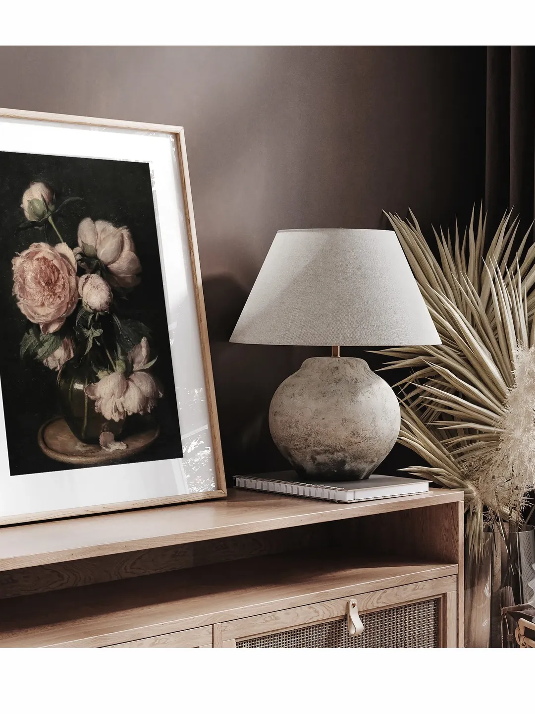 Dark Vintage Pink Peonies Art Print, Moody Floral Still Life Oil ...