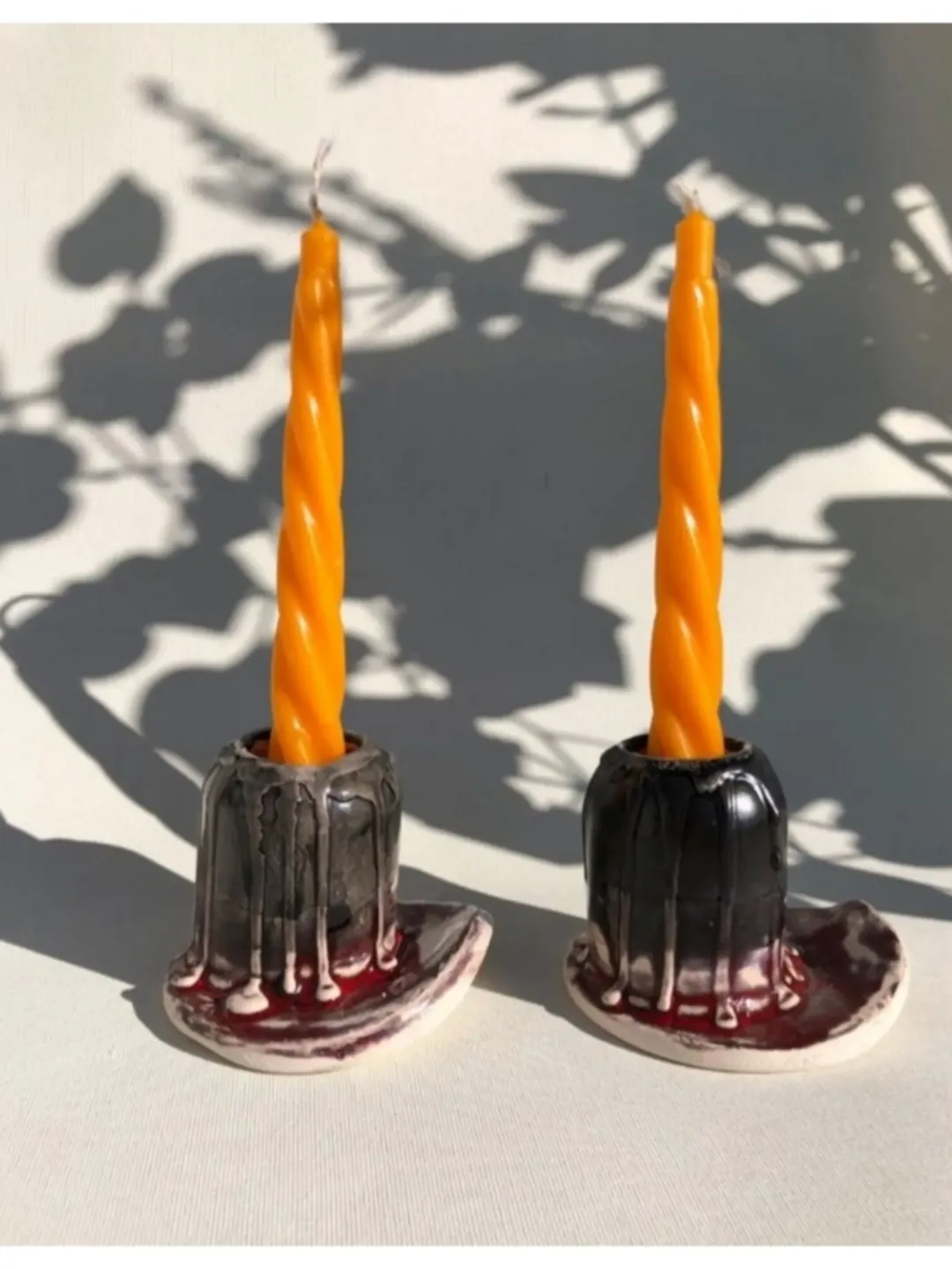 Blood Scented Minimal Modern Ceramic Candle Stick Holder, Matte Black Candle Holder with Dripping Red Glaze, Halloween Decor for Home