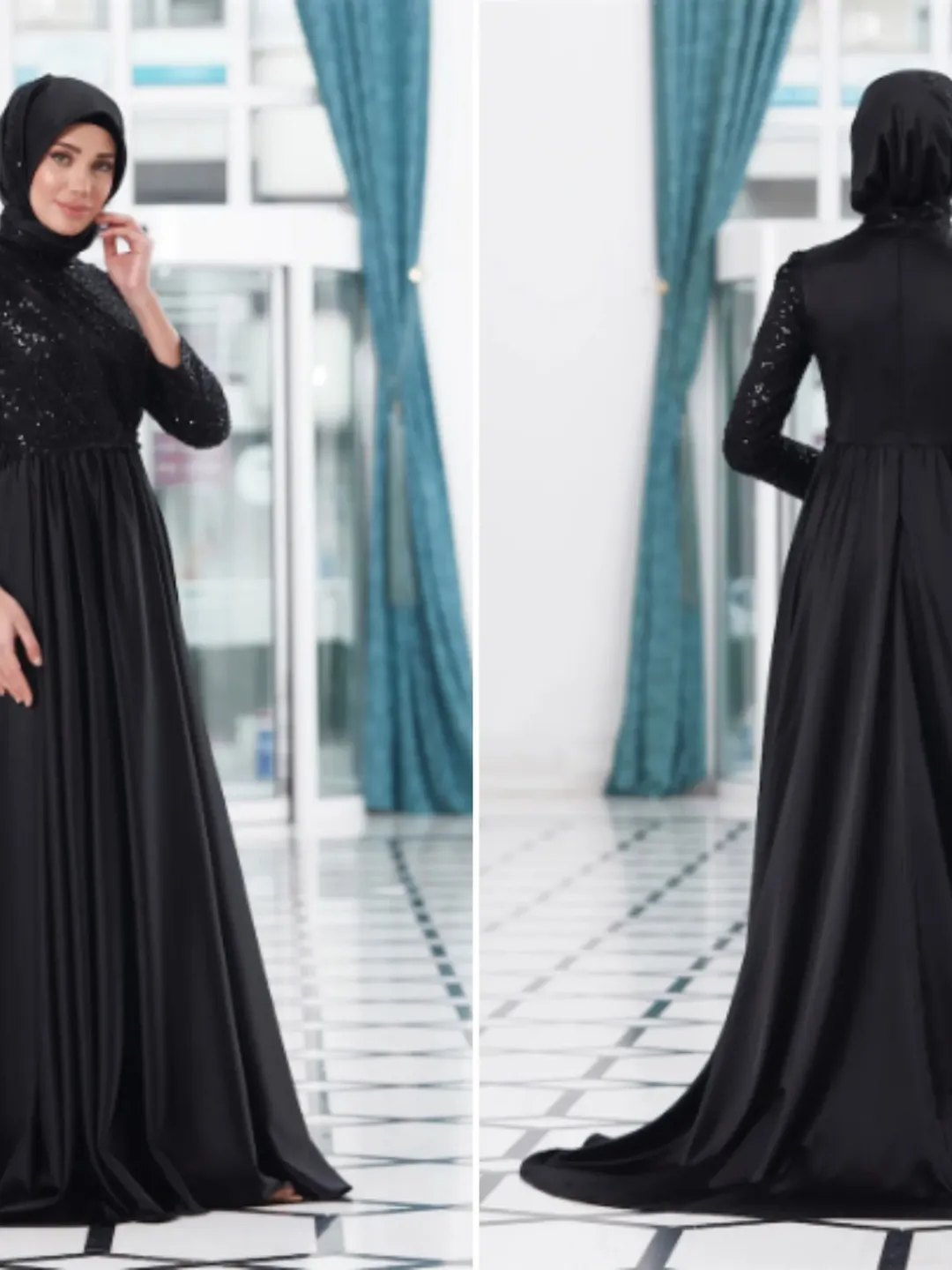 AHUNARE HIJAB - Berra  Black Satin Wedding Dress, Muslim Evening Gown, Nikah, Islamic Wedding, Engagement, Bridesmaid,