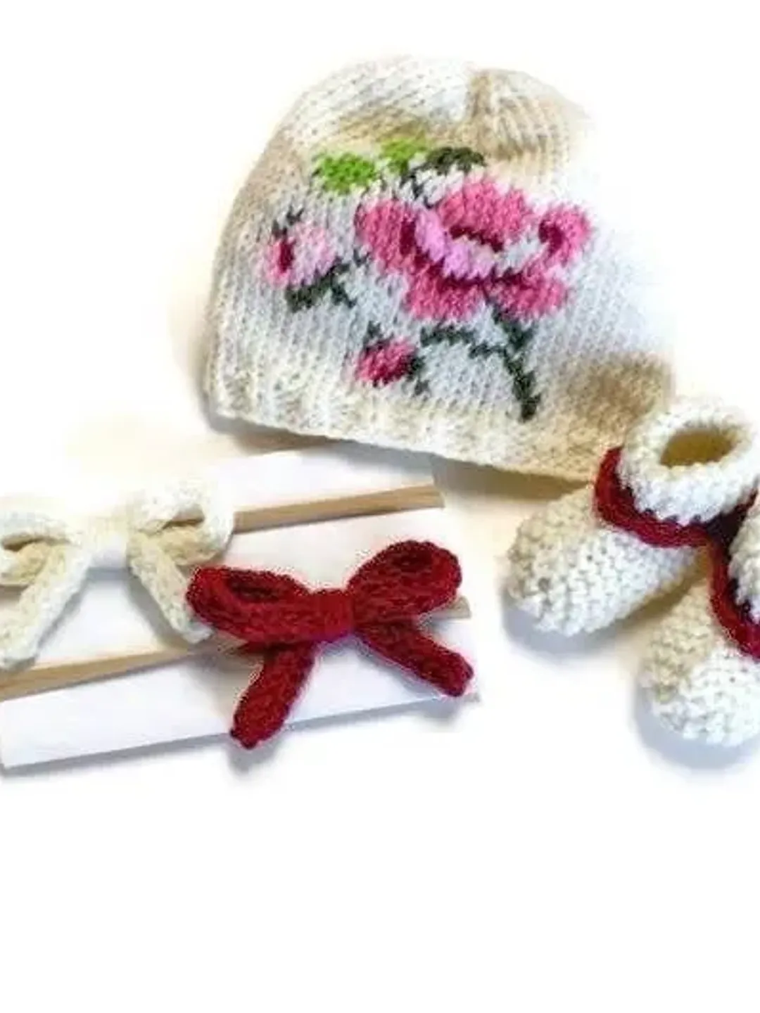 Pink Floral Photoshoot Props Clothing Set, Baby Booties, Yarn Hats, Hair Bow on Nylon Headbands, New Babies Shower Gifts, Girl Gender Reveal