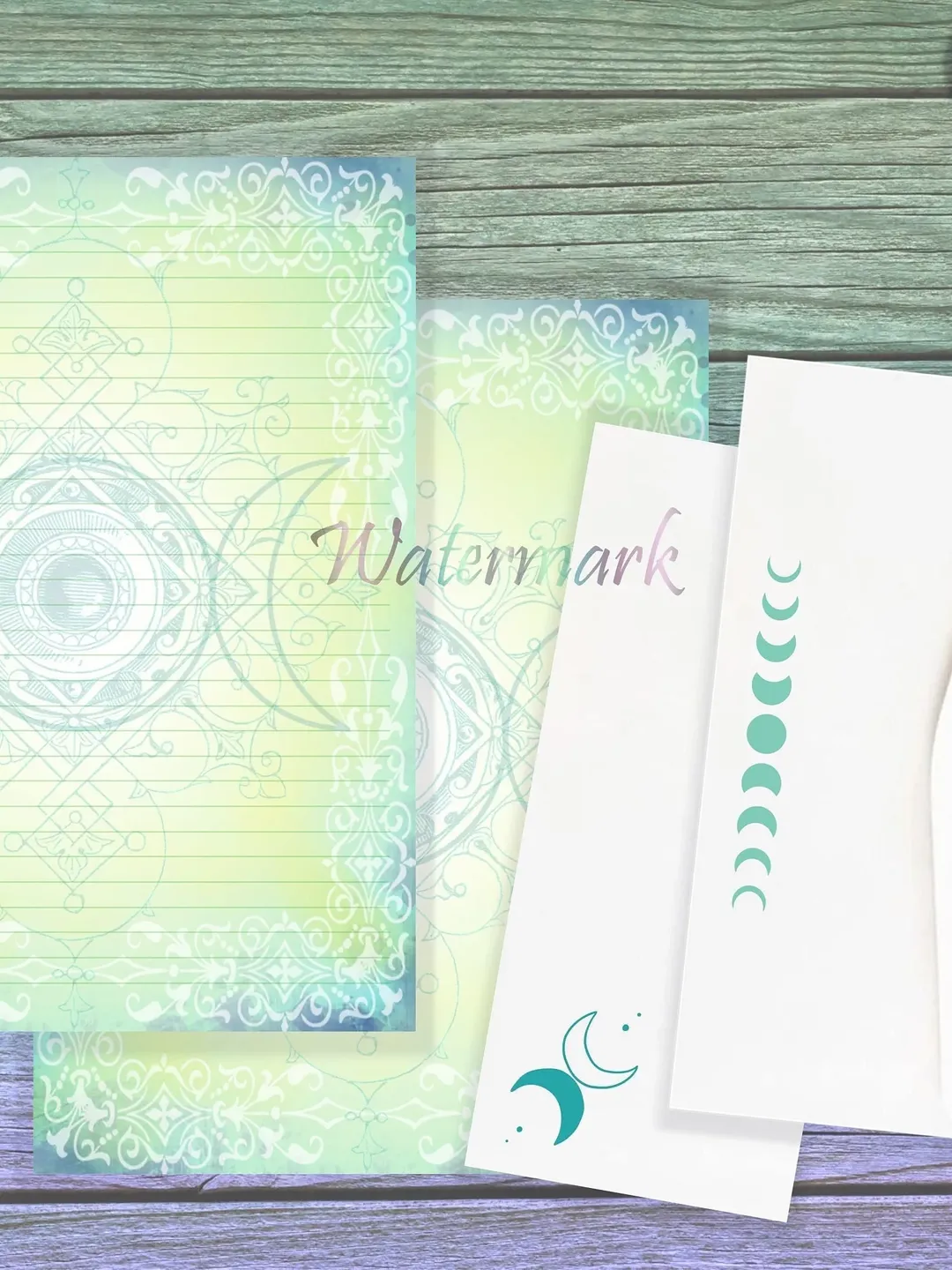 Green Triple Moon Writing Paper Set | Moon Stationery | Green Moon Paper | Goddess Writing Paper | Moon Letter Paper | Goddess Stationery
