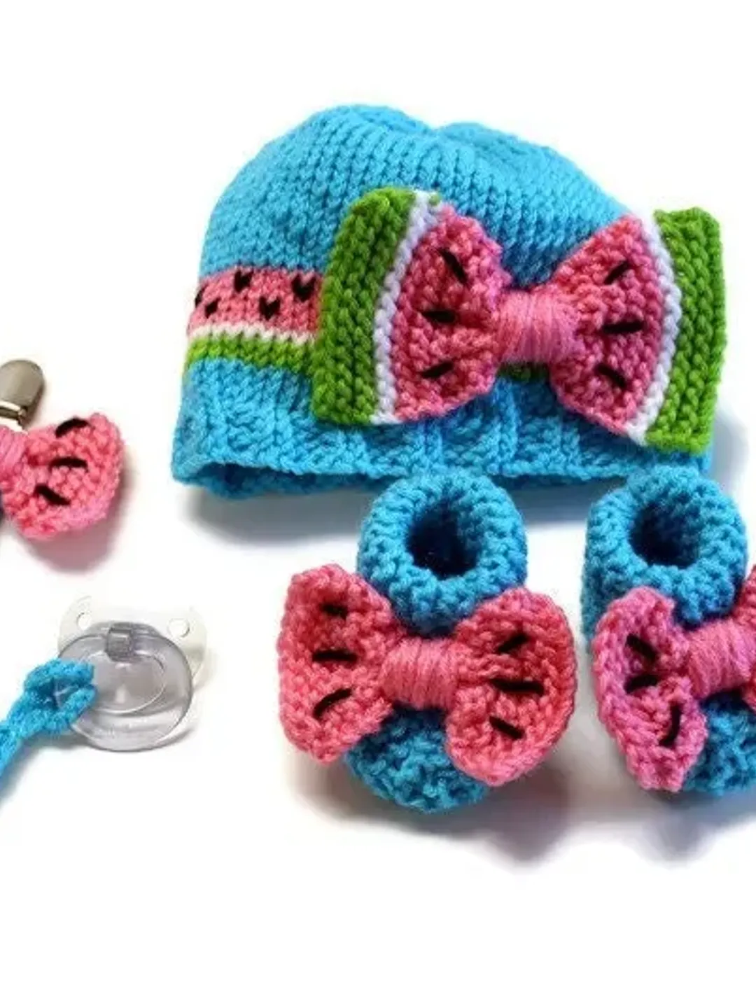 Watermelon Photoshoot Props Set, Hat and Booties Set, Pacifier Binky Clips, Expectant Parents Baby Shower Gift Ideas, Fruit Hat with Bows