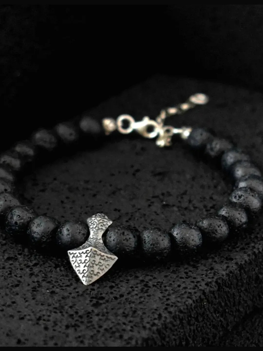 Natural Lava Rock Bracelet with Solid Silver Spearhead Charm,  Masculine Bracelet, Silver Bracelet for Men, Christmas Gifts for Men, Women