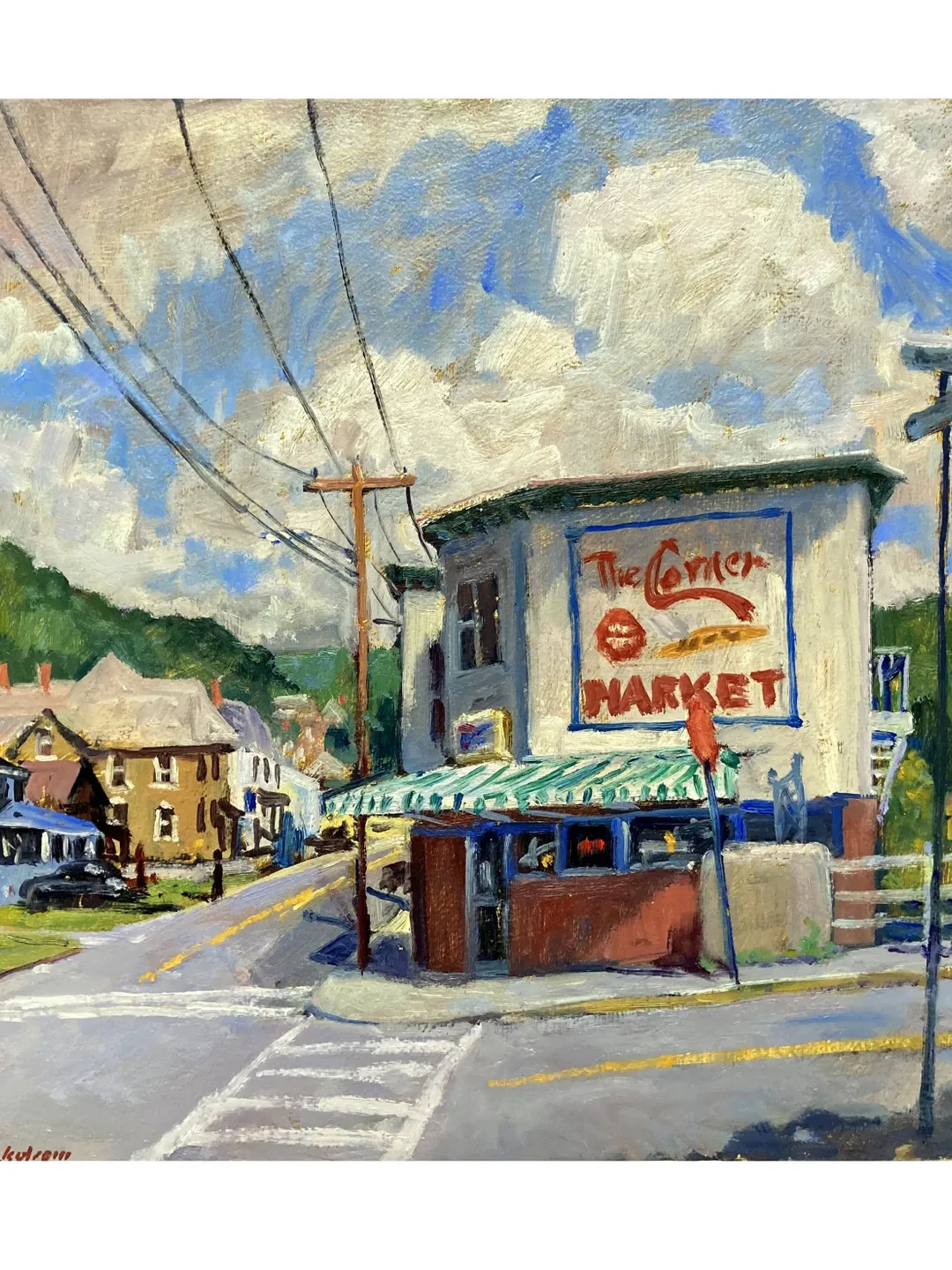 Original Landscape Painting - Corner Market/Berkshires - 14x14 Oil on Panel, American Plein Air Impressionist Cityscape, Signed Original