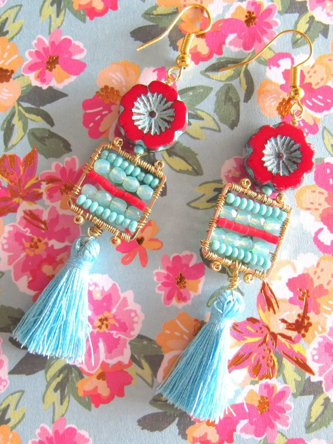 Handmade boho earrings, long earrings, hippie style earrings, summer earrings, bohemial cristal beads jewelry, blue jewelry