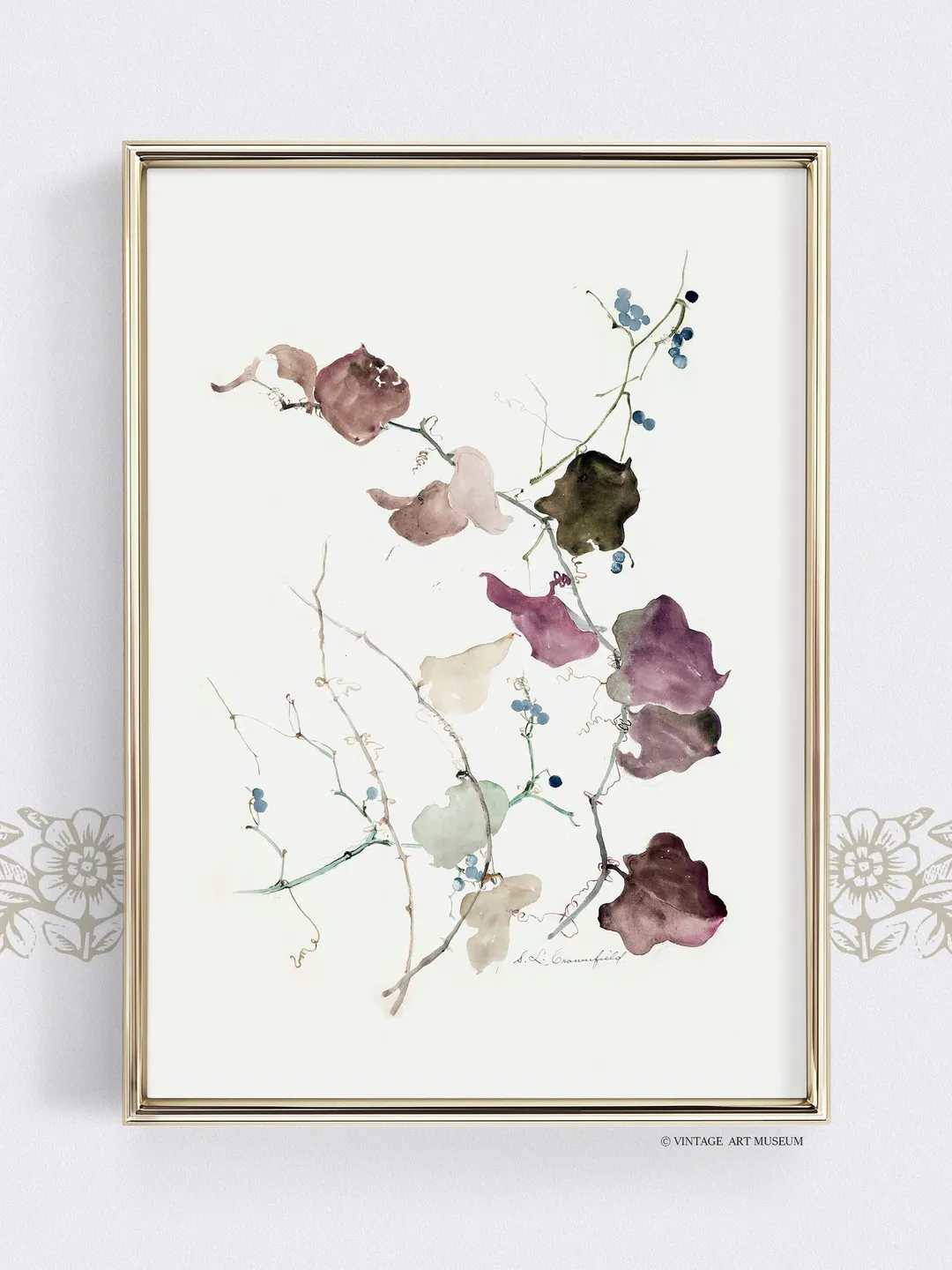 Blueberries Branch Vintage Botanical Print, Antique Watercolour Wall Art, Printable Digital Decor | 04