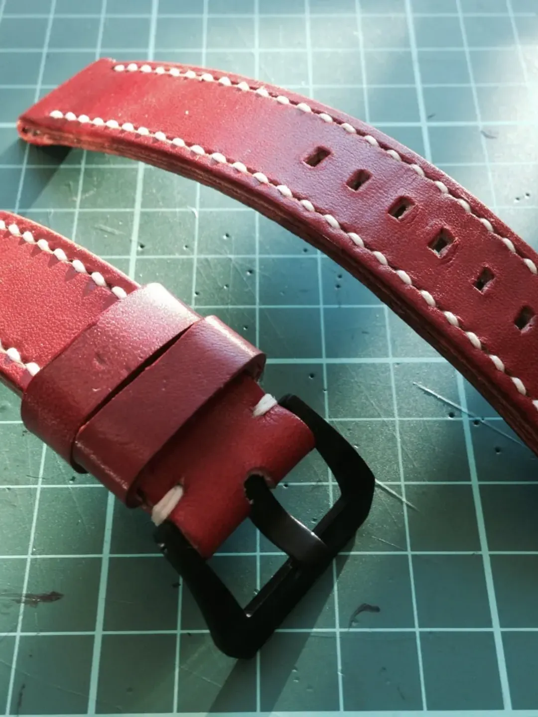Handmade genuine Leather  Strap, Red Orange leather watch band, Cream white stitching and Black 20mm buckle watch strap for 20mm lug