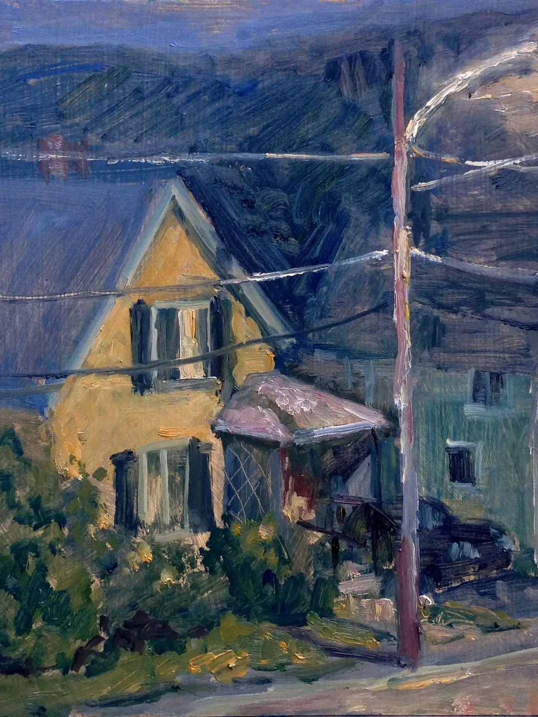 8x10 Night Scene Painting -American Nocturne/Front Porch- Oil on Panel, Plein Air Impressionist Landscape, Signed Original Cityscape