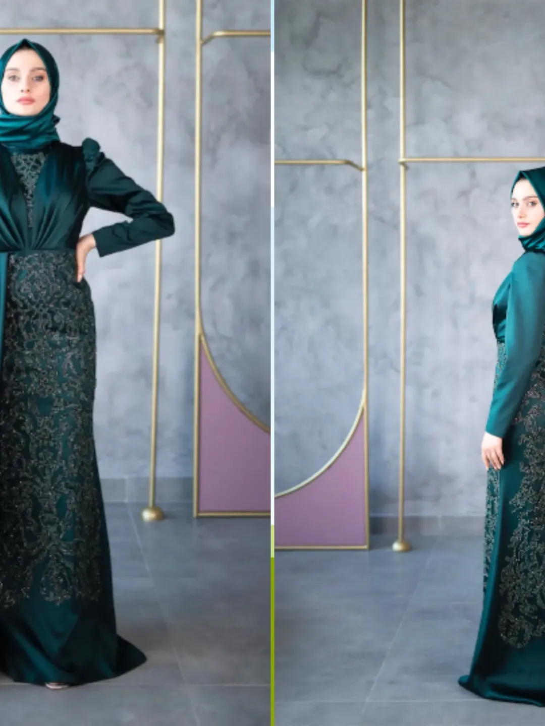 Rana Emerald Satin Ahunare Embroidered Wedding Dress, Muslim Evening Gown, Nikah, Islamic Wedding, Engagement, Bridesmaid, Maxi Dress