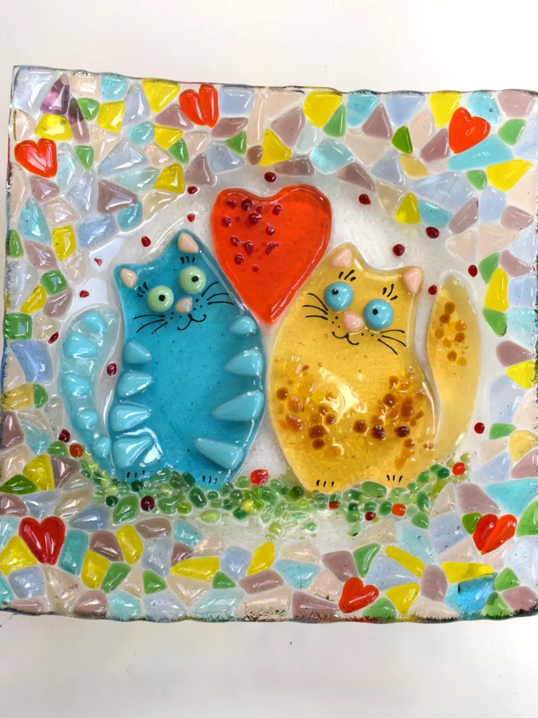 Cute fused glass plate with cats - gift of birthday