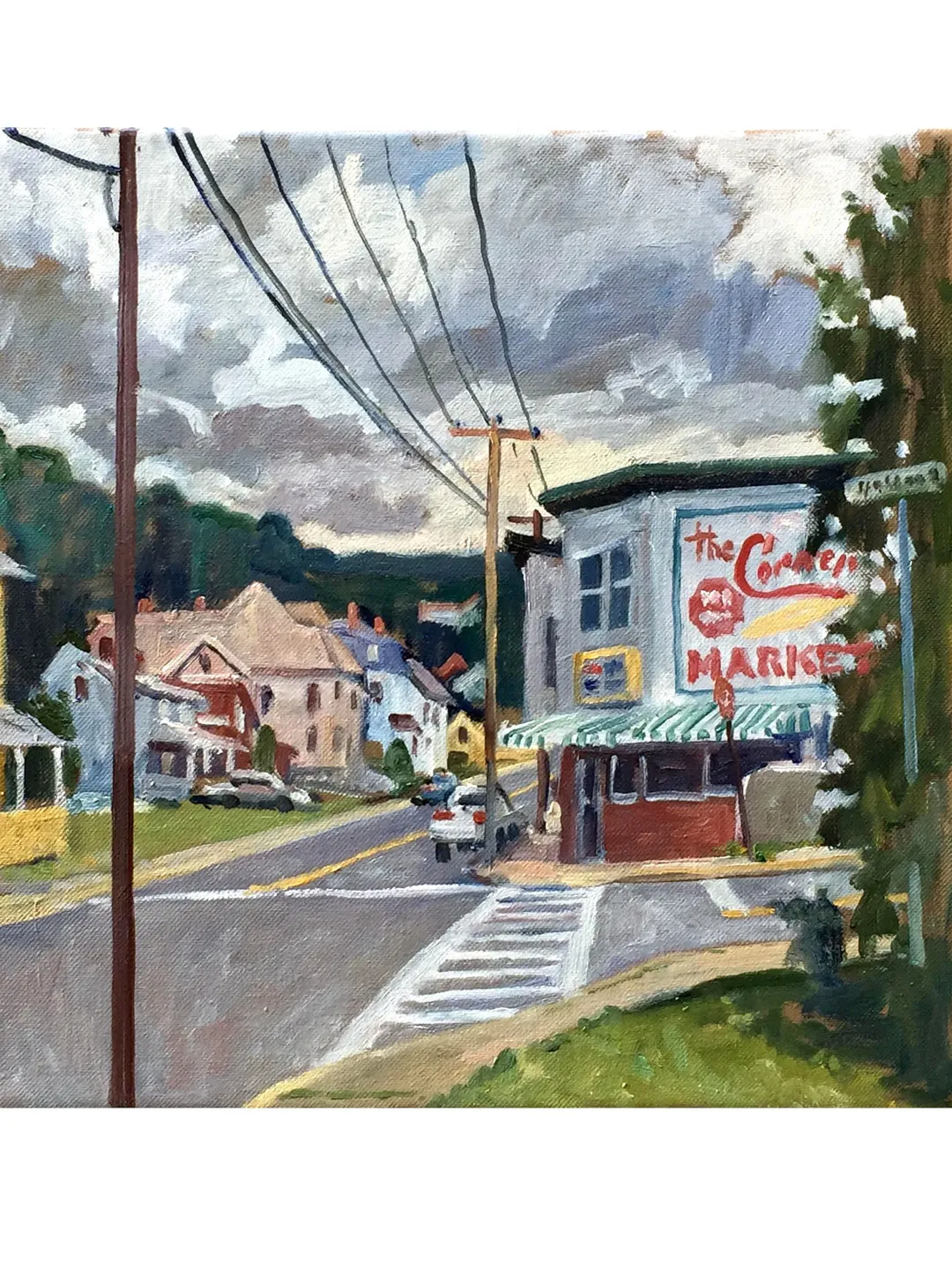 Original Berkshires Landscape Painting - Corner Market- 14x14 Oil on Canvas, American Plein Air Impressionist Cityscape, Signed Original