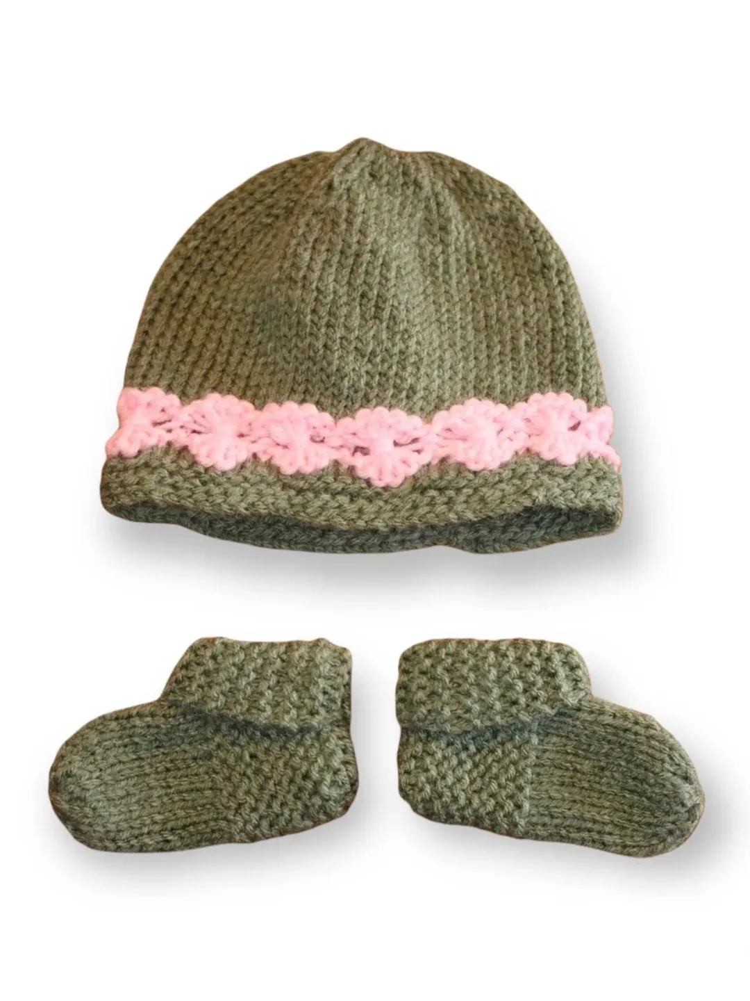 Green and Pink Baby Hat and Booties Set for New Babies, Newborn Crib Hat and Shoes, Expectant Parents, Baby Shower Gift Ideas, Crochet Lace