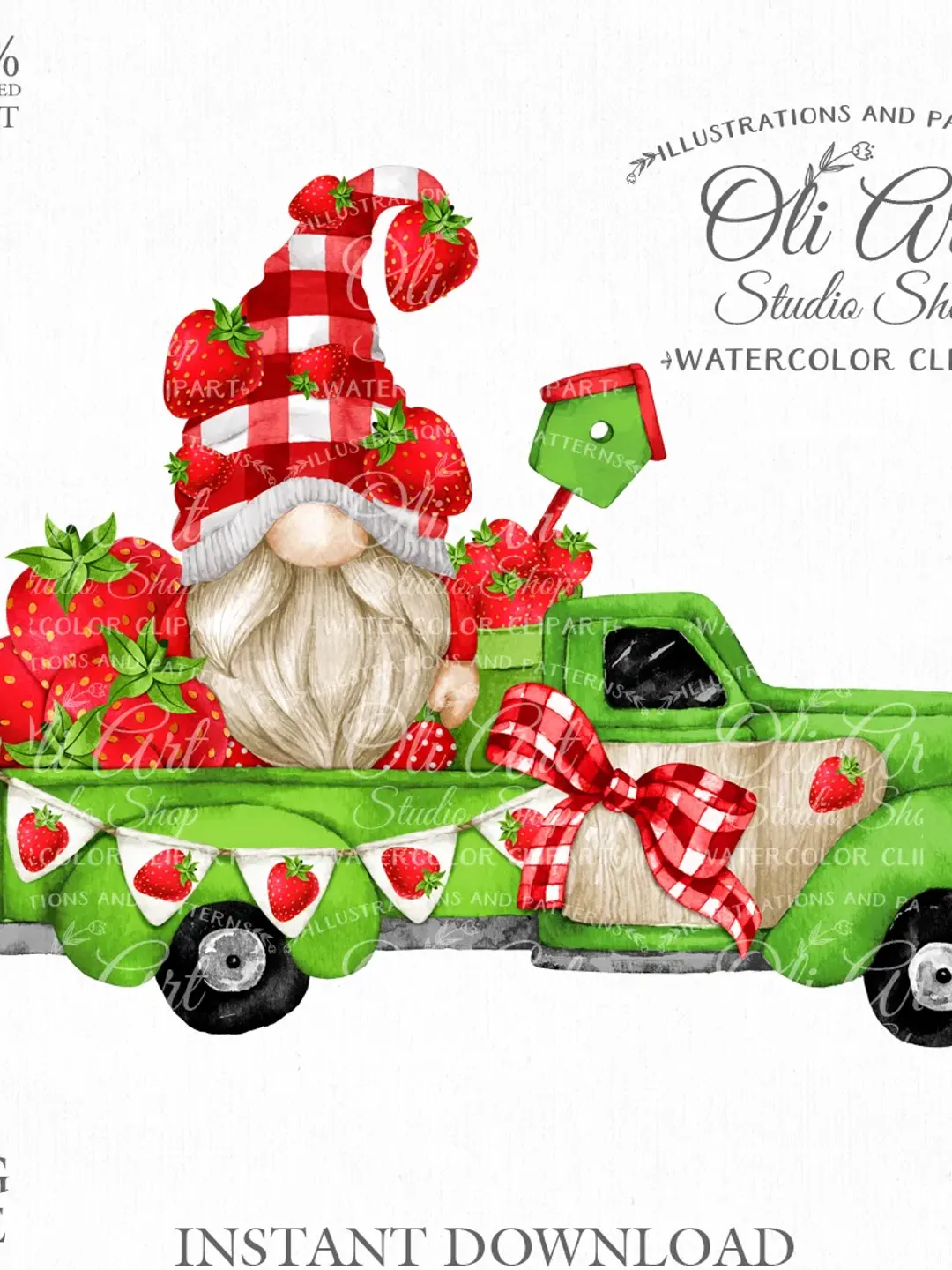 Strawberry Truck Gnome Clipart. Hand Drawn Graphics, Instant Download. Digital Download. OliArtStudioShop