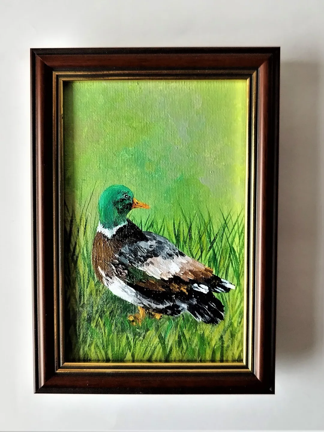 Duck small painting, Farm animal impasto painting, Rustic framed wall decor, Bird art