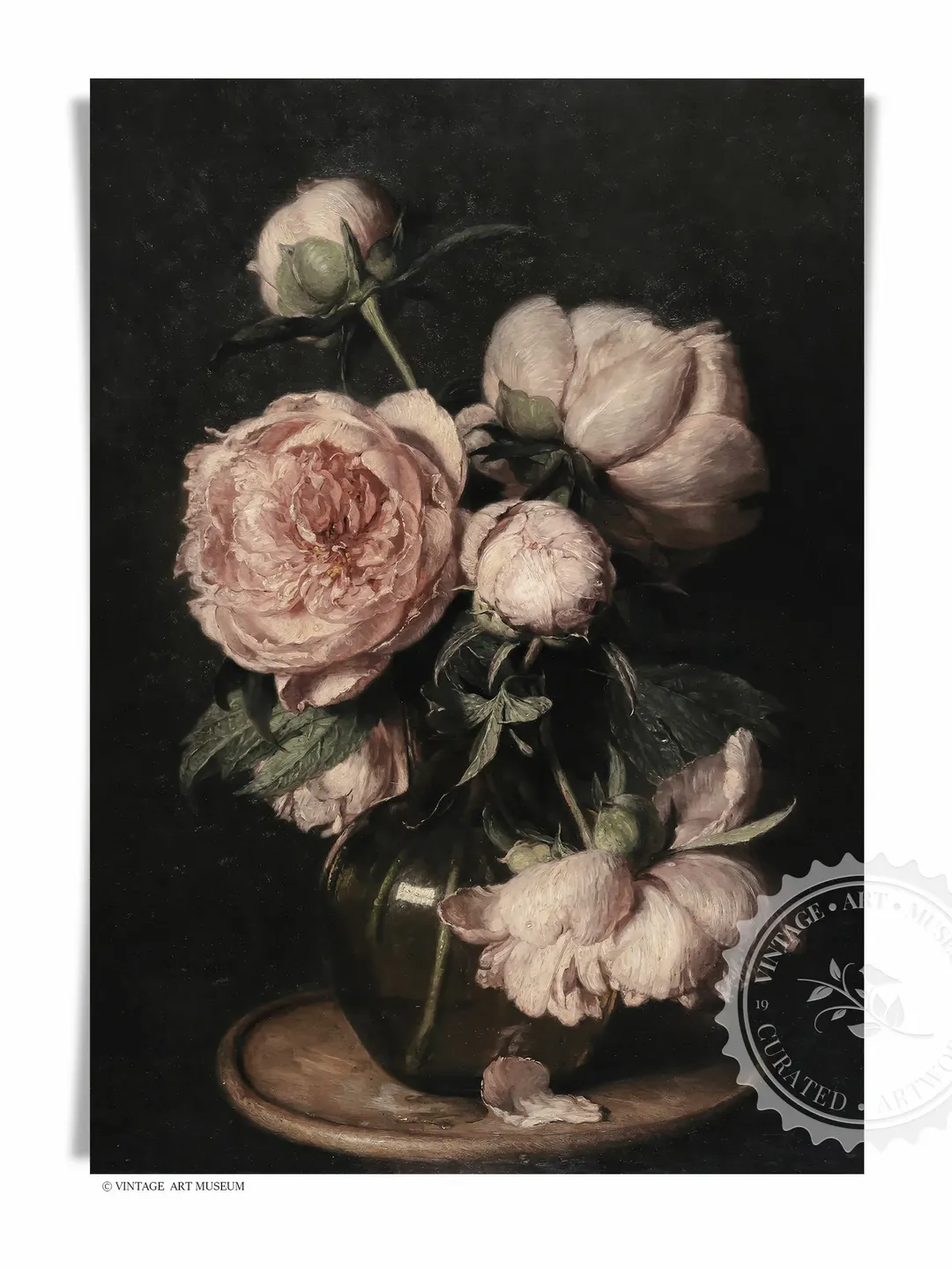 Dark Vintage Pink Peonies Art Print, Moody Floral Still Life Oil ...