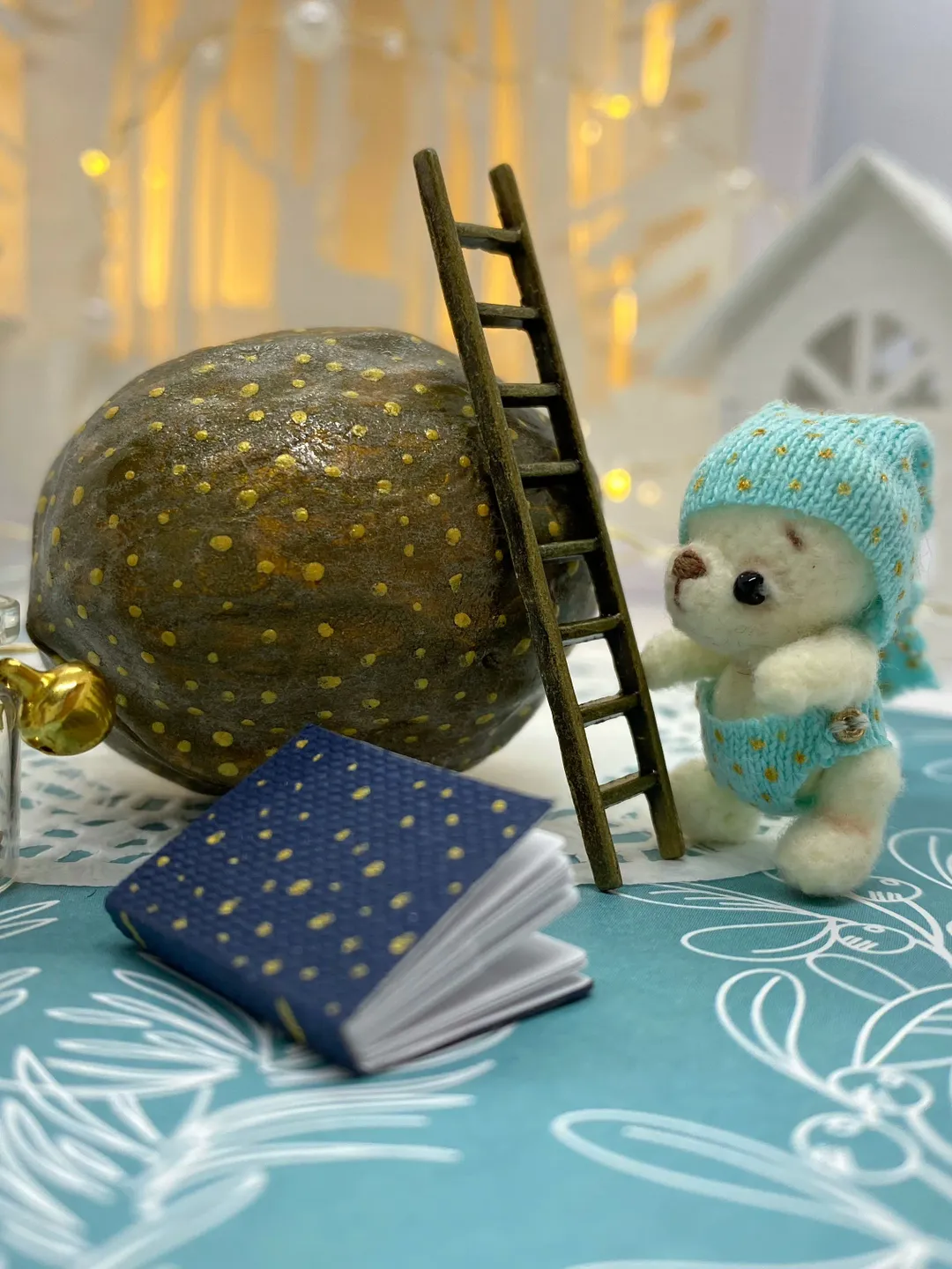 Art collectibles miniatures tiny teddy bear in walnut micro crochet animal cute gift for mom best friend gift