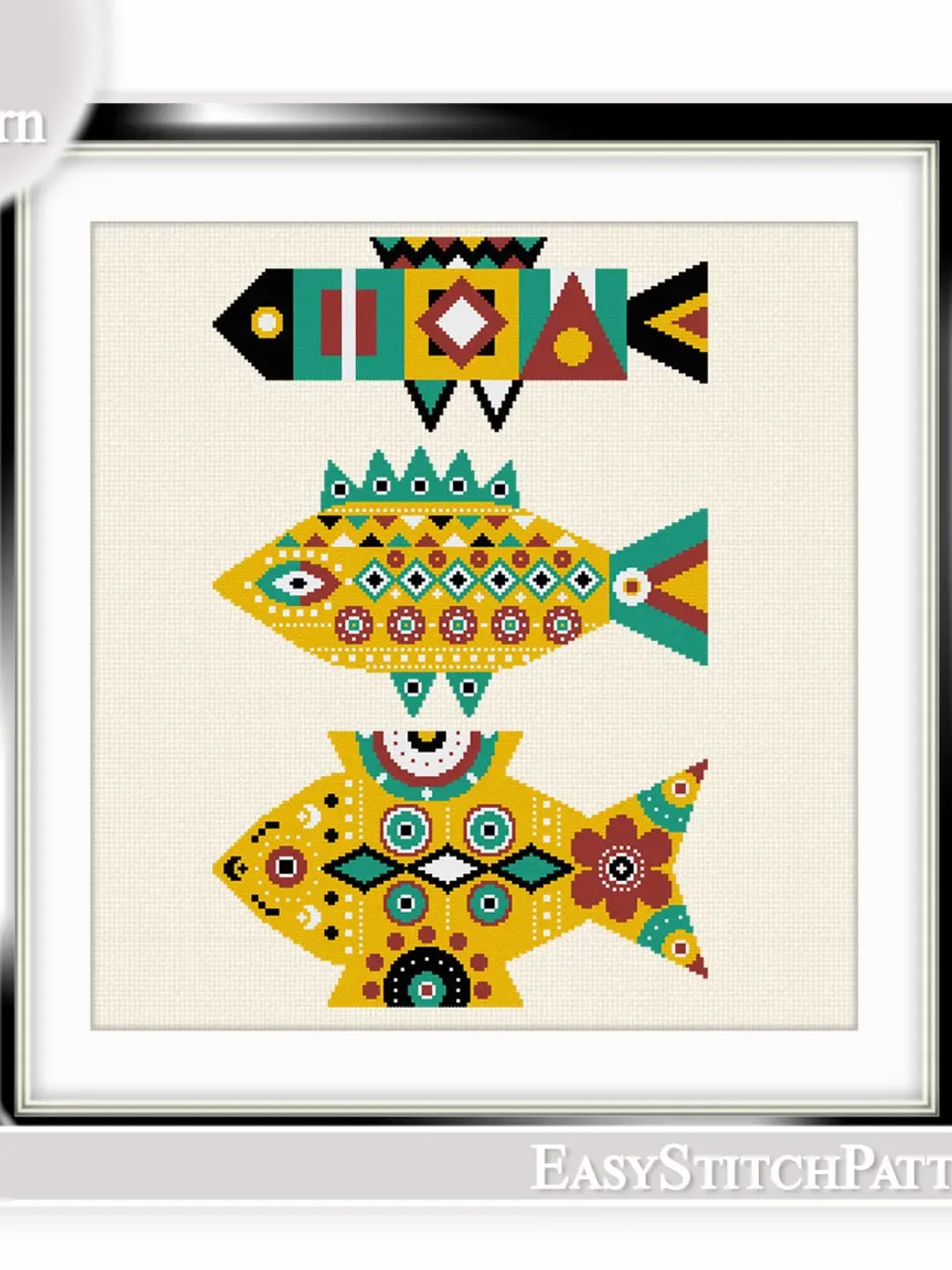 Folk cross stitch pattern. Abstract fish cross stitch pattern. Scandi cross stitch pattern.