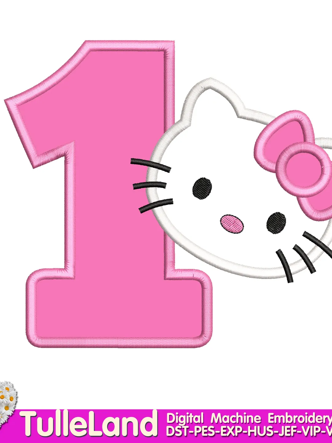 Kids Cute Kitty with number One 1st Birthday with Kitty Design Applique for Machine Embroidery