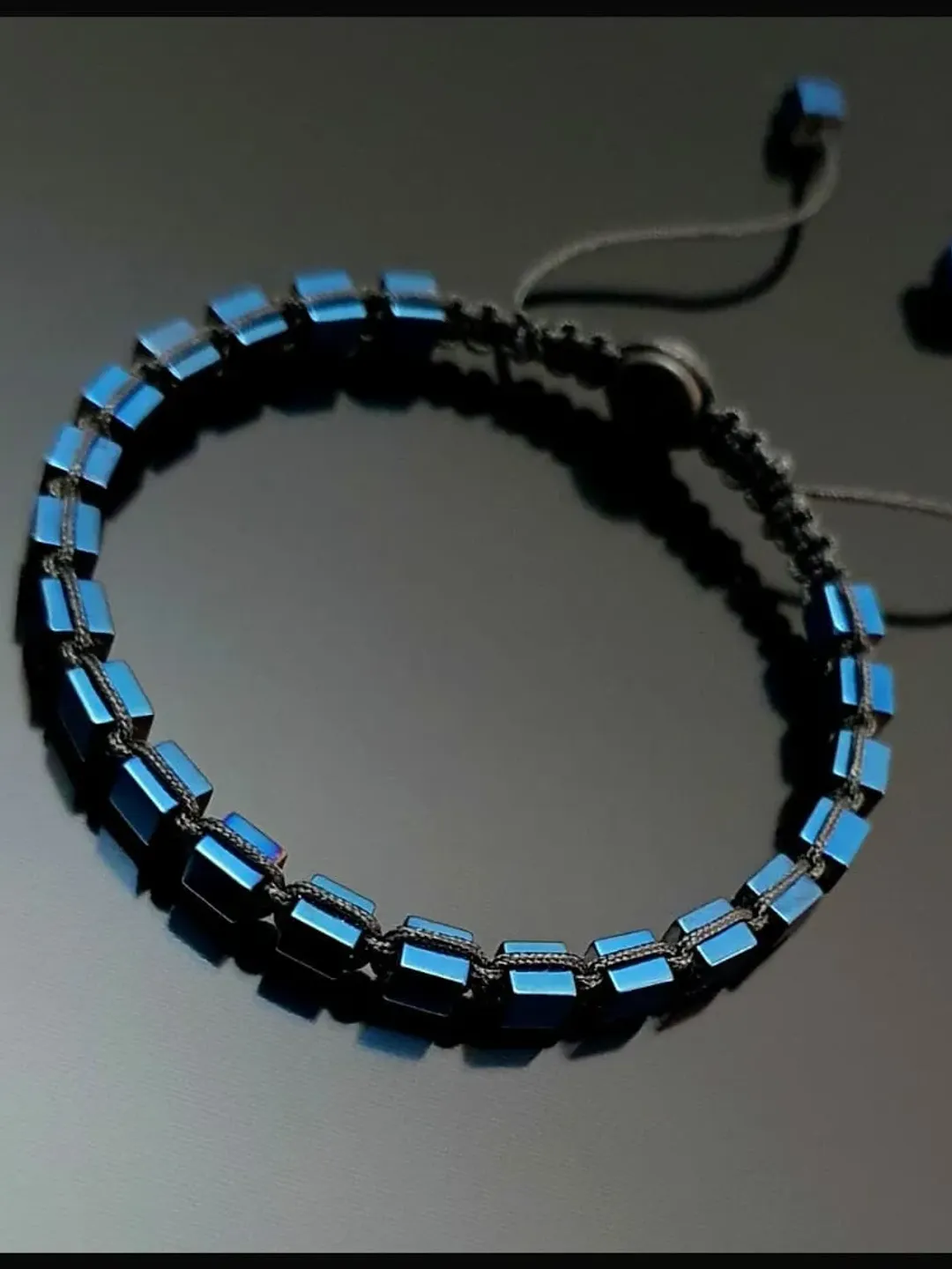 Blue Hematite Macrame Bracelet, Cube Bead Hematite Gemstone Wristlet, Gifts for Men, Women, Macrame Knitted Arm Band, Gifts for Dad, Son