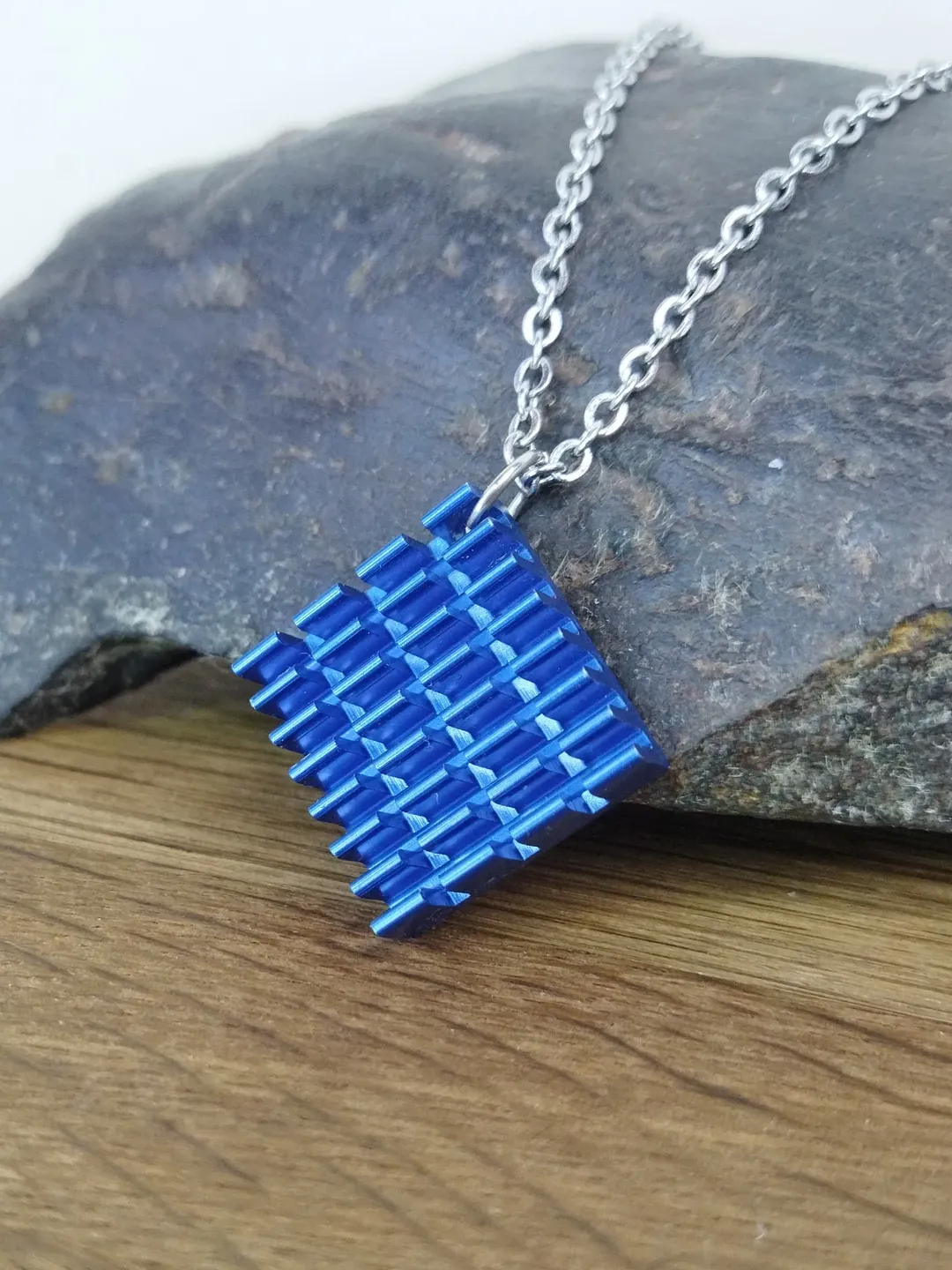 Neon blue necklace square Cyberpunk necklace Techwear jewellery recycled Futuristic necklace for men.