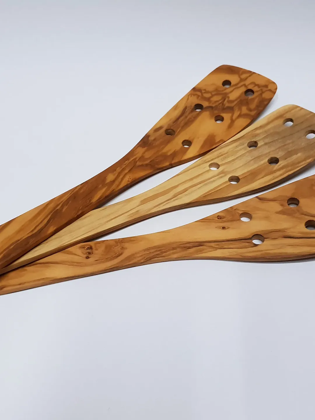 Lot Of 3 Olive Wood Curved Spatulas Pierced 30 cm / 11.8" - Kitchen Utensils you need - Wooden cooking accessories for your home #C84