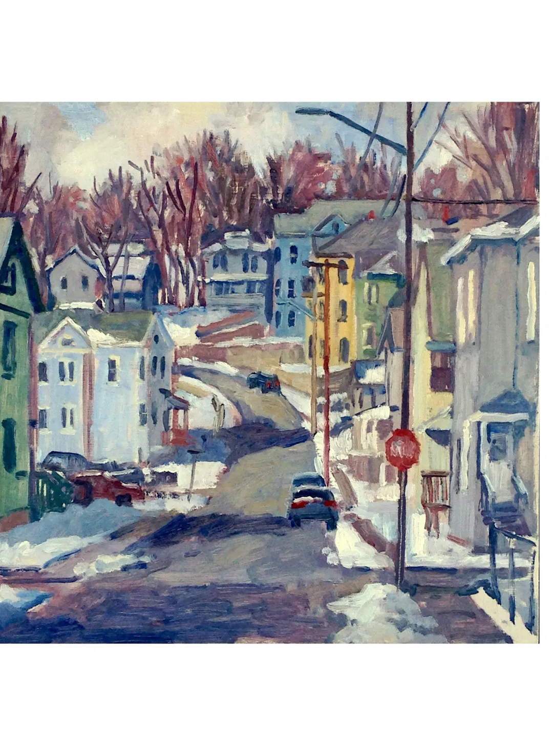10x10 Winter Landscape Painting - Snowy Street/North Adams - Oil on Panel, Plein Air Impressionist Snow Scene, Signed Original