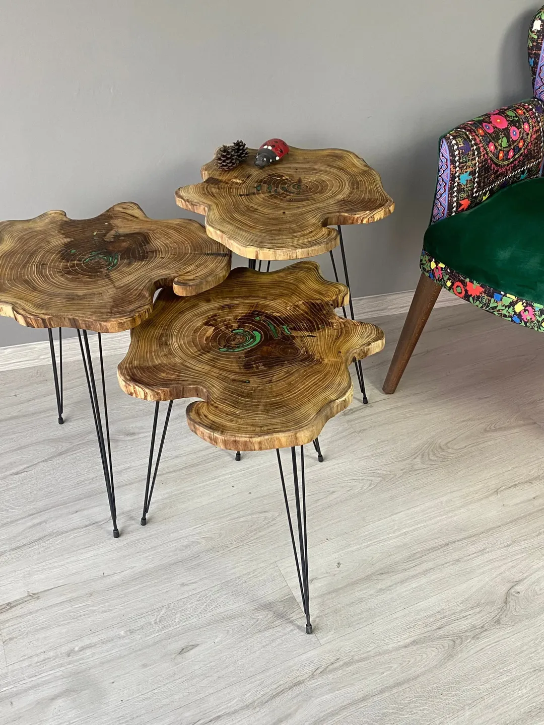 Set of 3 Epoxy Acacia Wood Coffee Table, Live Edge Coffee Table, 16" Epoxy Resin Table