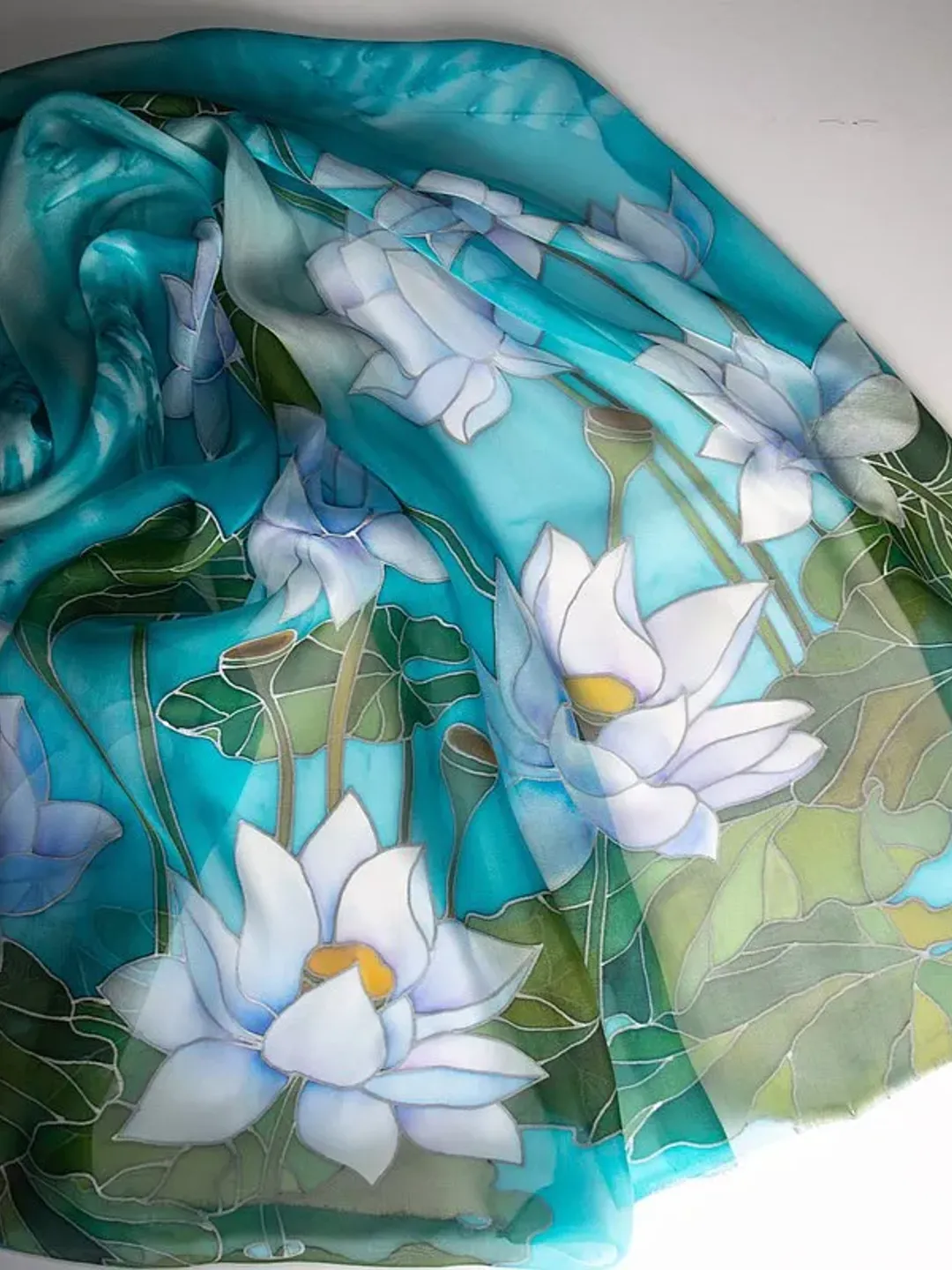 絲巾 Hand-painted silk scarf Floral silk teal blue scarf Lotus silk scarves