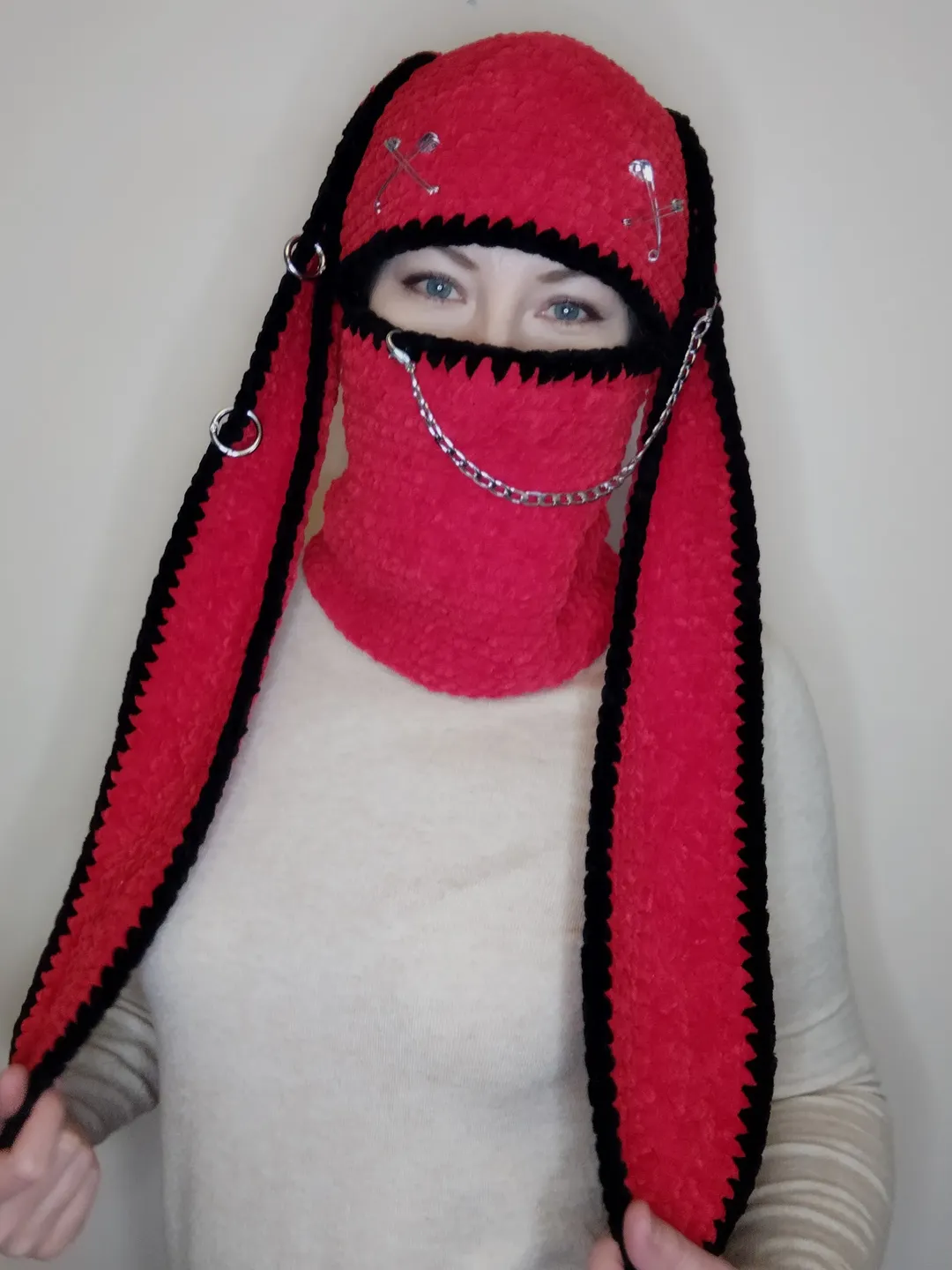 Goth bunny balaclava with ears 24" Red black bunny hat goth Teens gift Rabbit balaclava full face mask.