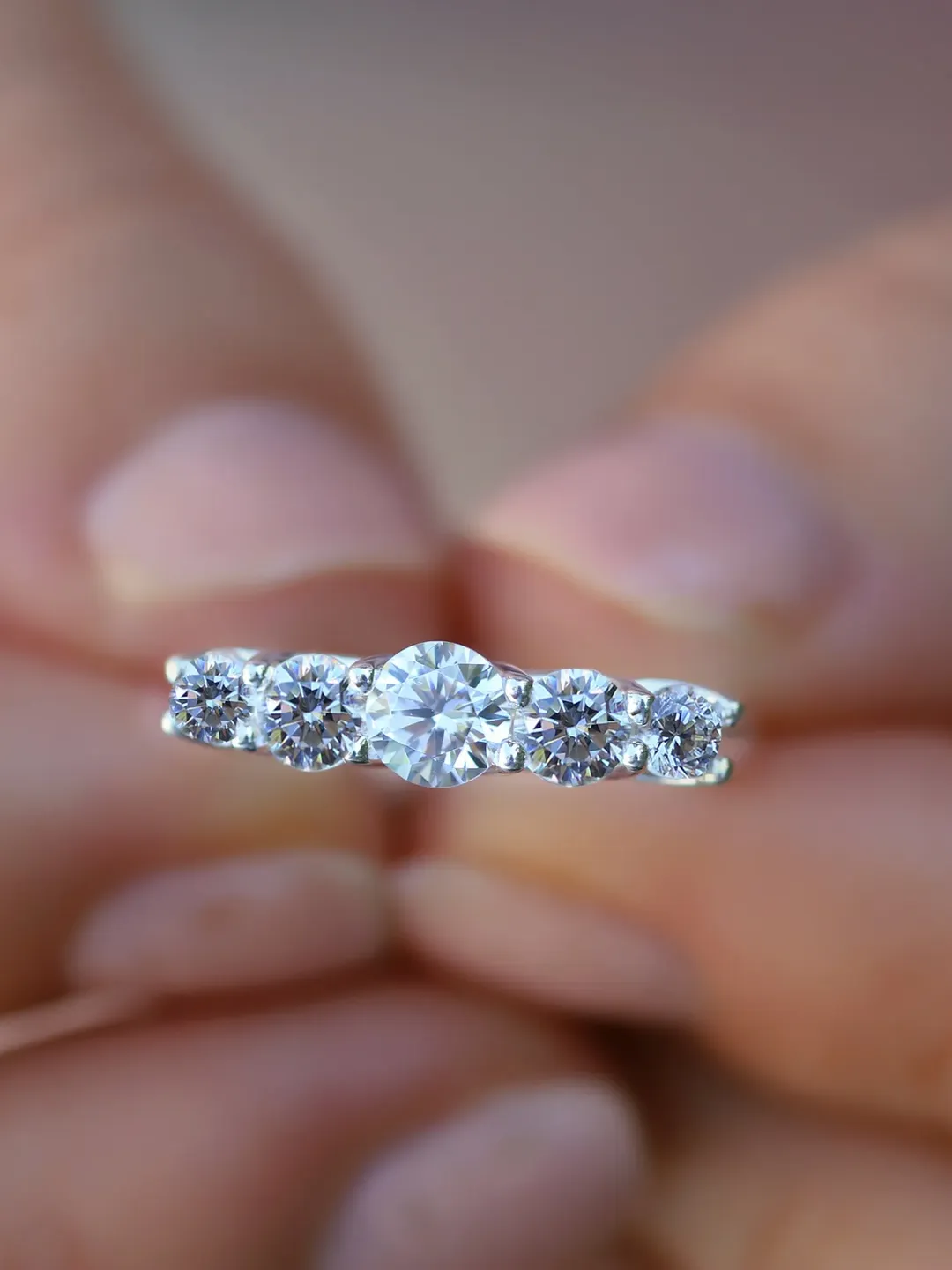 FIVE STONE RING | Round Cut Moissanite Diamond Ring | White Diamond Wedding Band | 14k Solid Gold Engagement Ring | Modern Wedding Ring