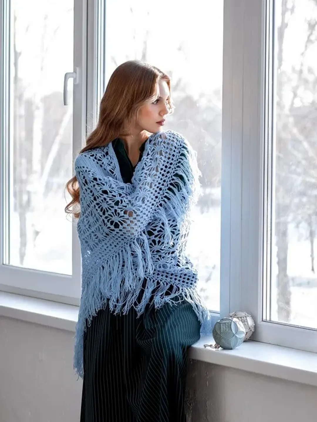 Crocheted shawl Sky blue Hand knitted. High-quality handmade.