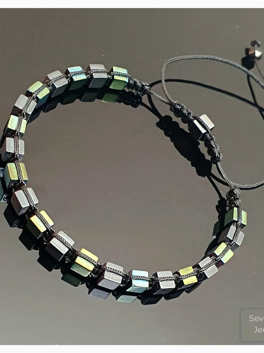 Natural Hematite Macrame Bracelet, Matte Green and Gray Cube Beads Gemstone Wristlet, Gifts for Men, Women, Daddy Gifts, Birthday Presents