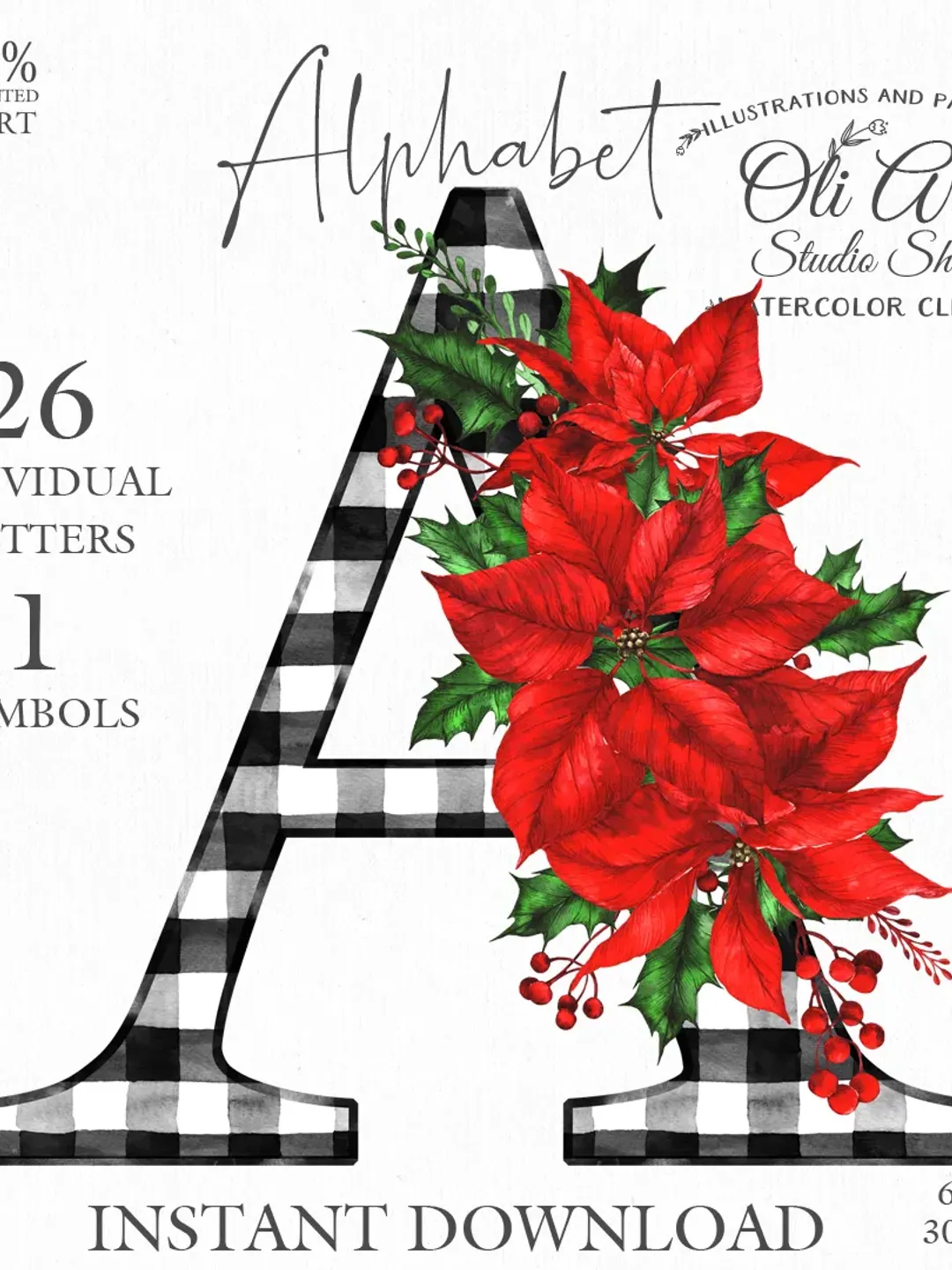 Christmas clipart. Font clipart. Alphabet Png. Buffalo Plaid. Poinsettia. Design Digital Download. OliArtStudioShop