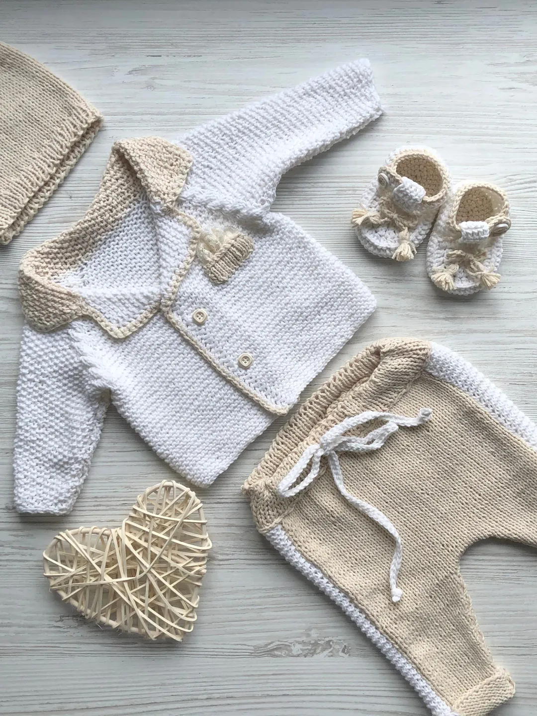 Baptism outfit for baby boy. White and beige knit jacket, trousers, hat and booties for baby boy. Christening gown for baby boy.