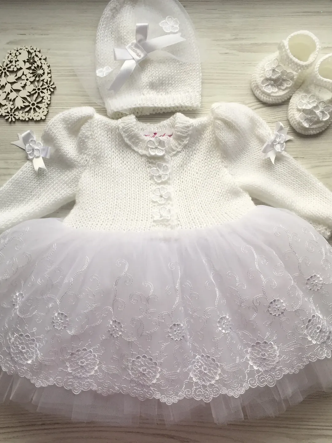 Christening gown for girl.Baptism outfit for girl. Knitting baptism gown. Tutu dress. White outfit for christening.Take home outfit for girl